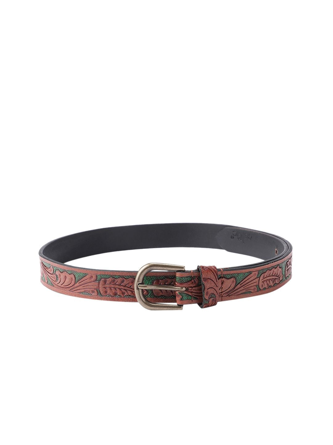 Woman Handcrafted Brown Leather Belt With Leaf Tooling And Polished Silver Buckle. LB-857
