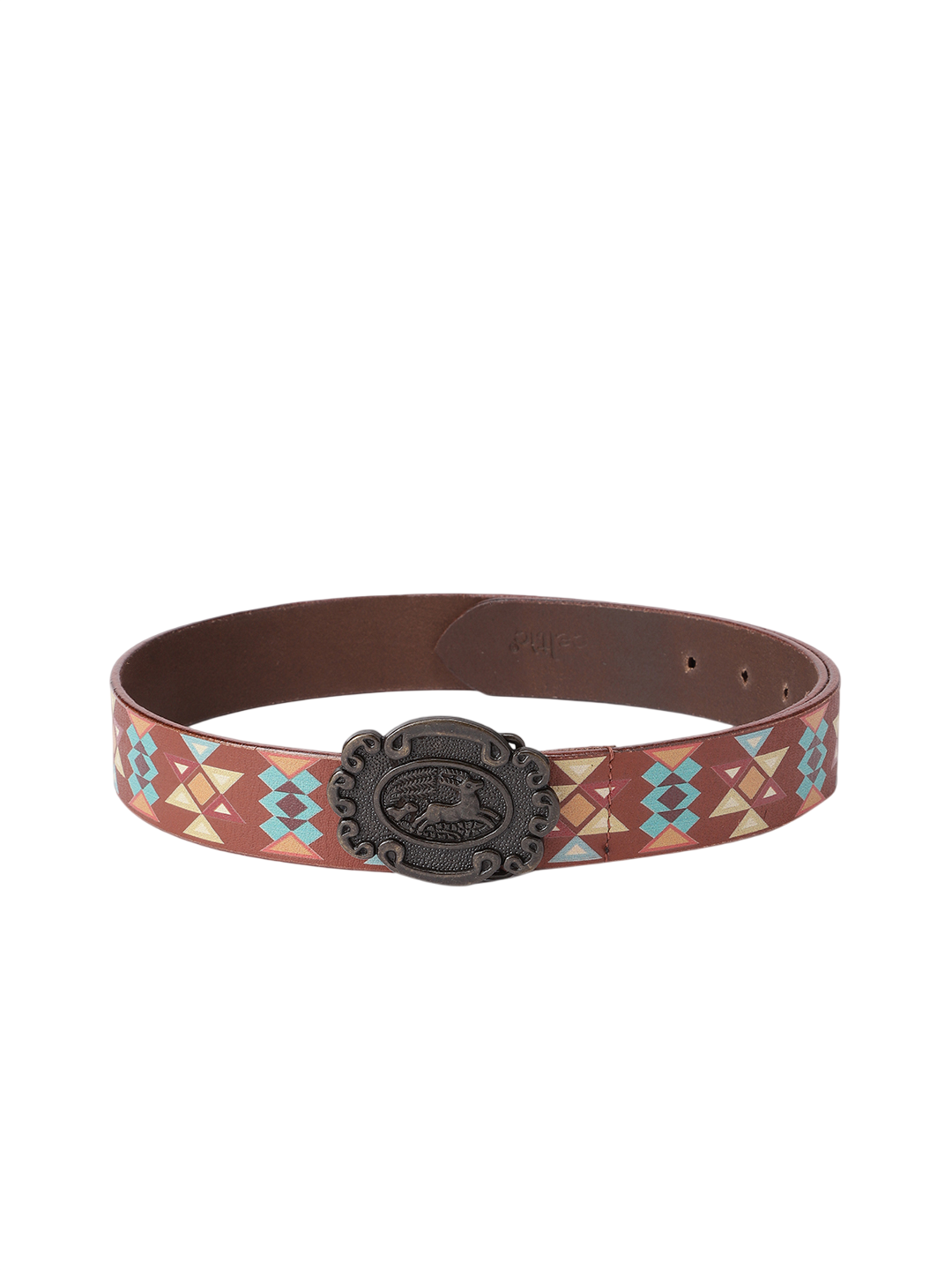 Unisex Aztec Pattern Leather Belt With Antique Buckle Handmade Ethnic Style Accessory.