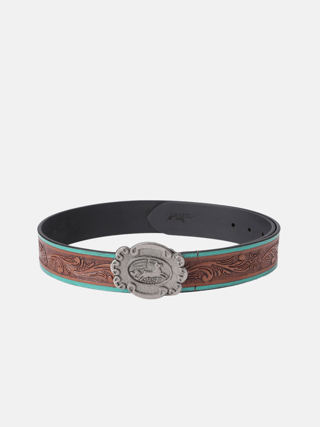 Premium Genuine Leather Embossed Floral Brown Teal Western Waist Accessory Antique Buckle