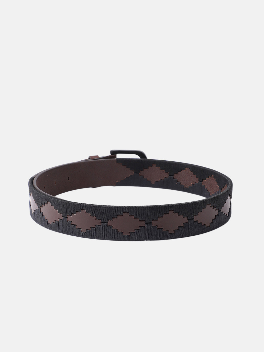 Unisex Handcrafted Leather Fabric Belt With Geometric Pattern Matte Black Buckle. LB-869