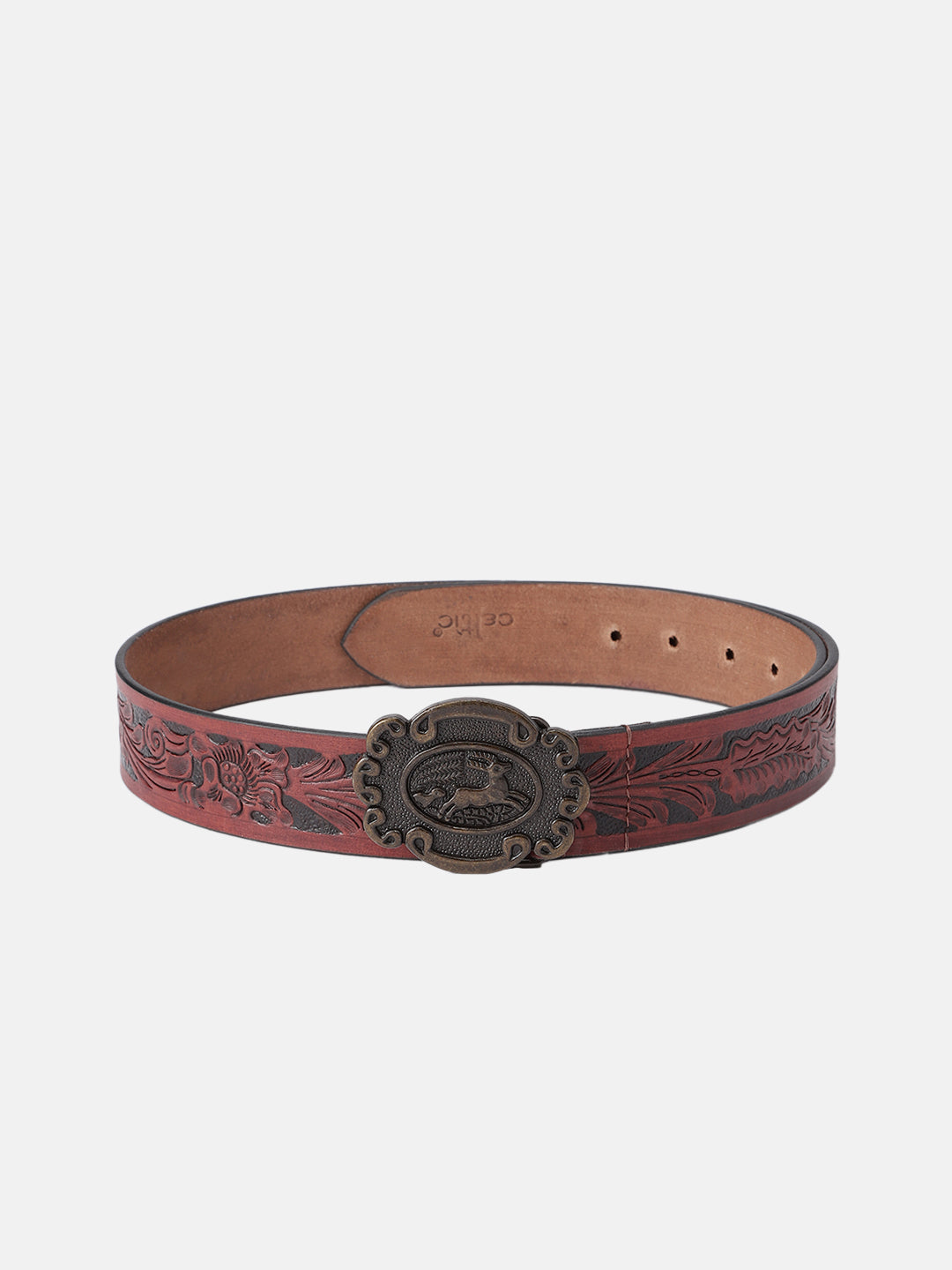 Men Genuine Leather Embossed Floral Brown Western Waist Accessory Antique Buckle