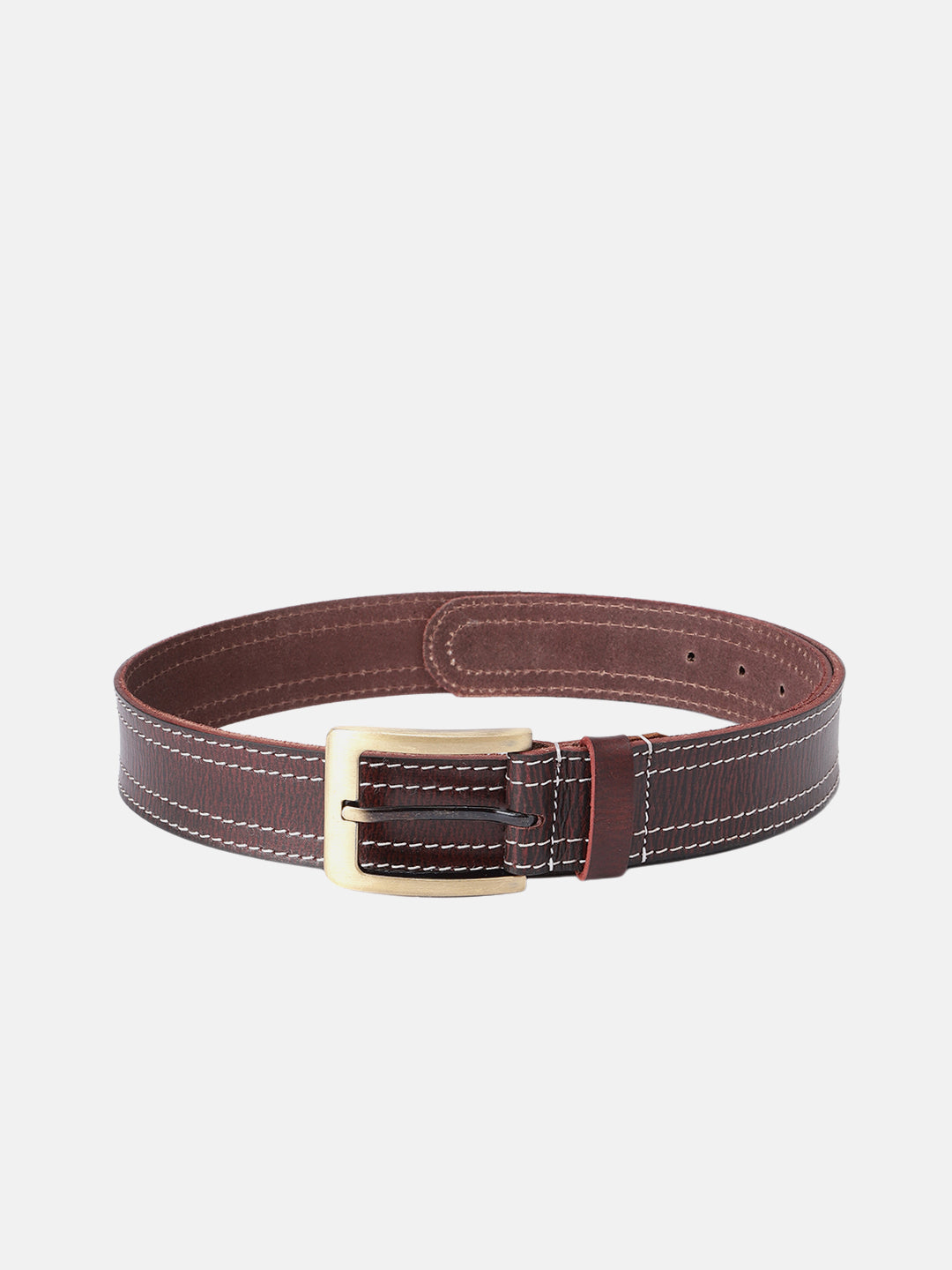 Unisex Genuine Leather Maroon Belt With Contrast Stitching and Brass Buckle