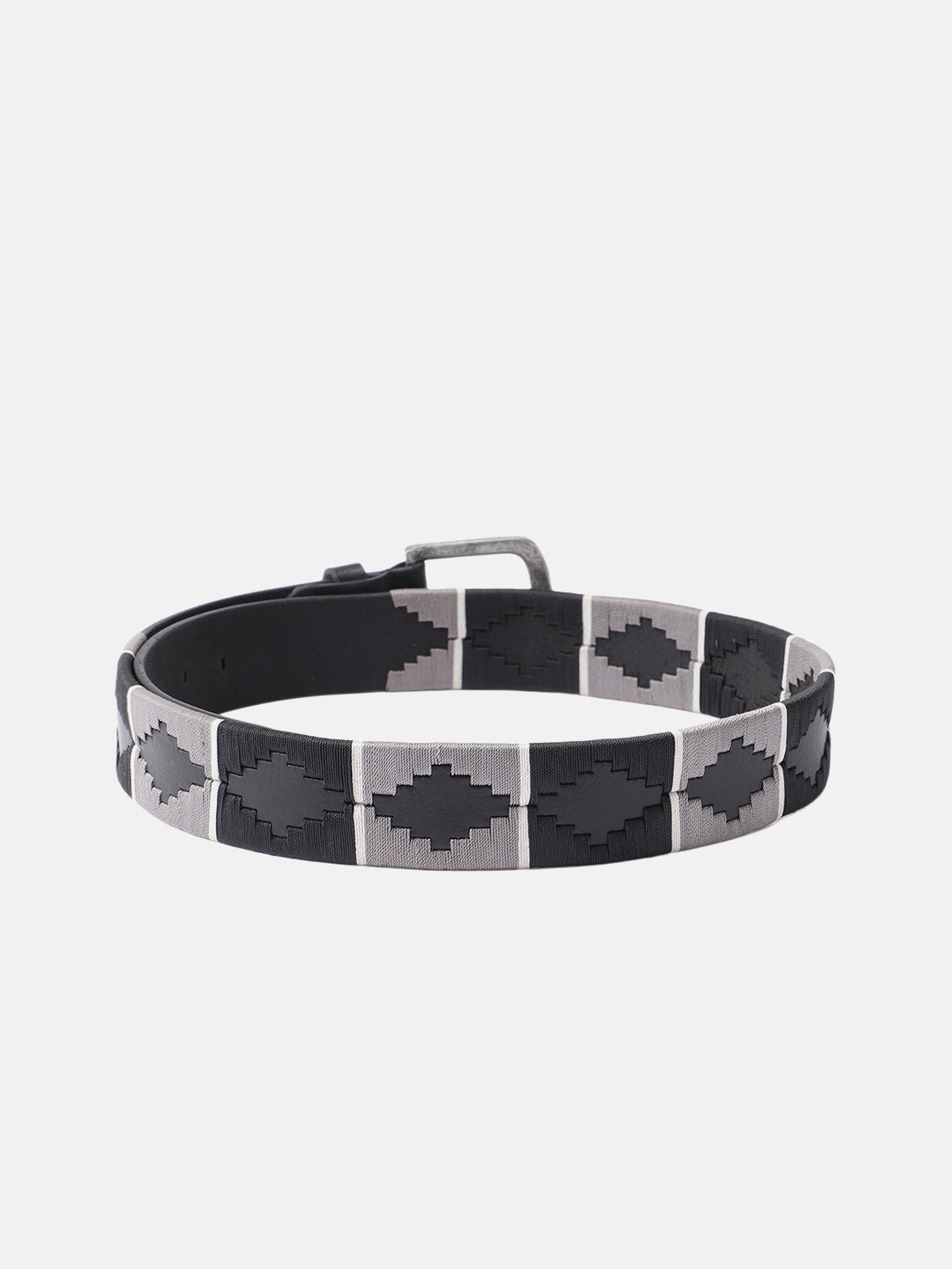 Unisex Handcrafted Black Leather Belt With Geometric Woven Strap And Antique Metal Buckle. LB-863