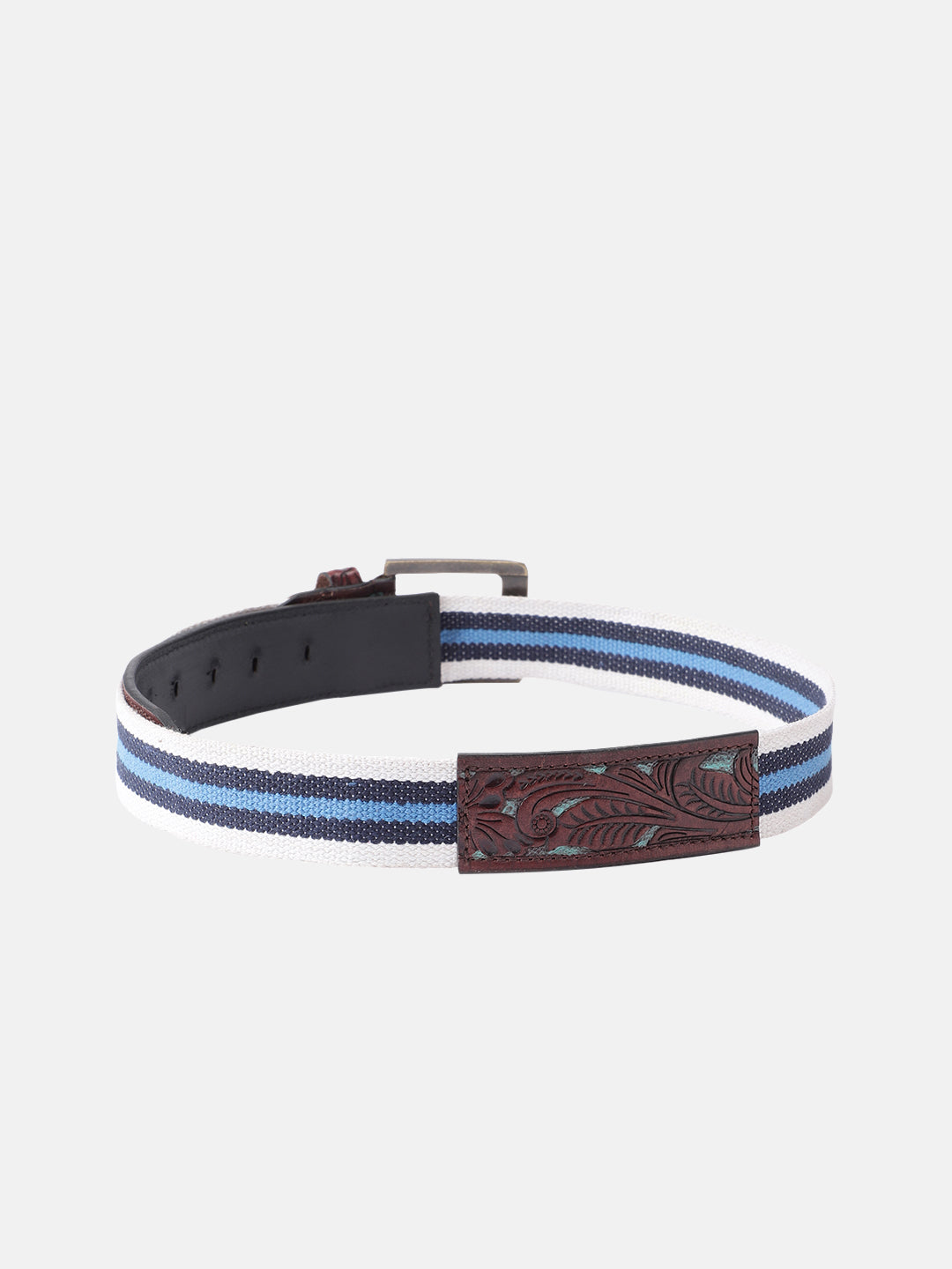 Unisex Genuine Leather Floral Embossed Canvas Blue White Waist Accessory Brass Buckle .LB-834