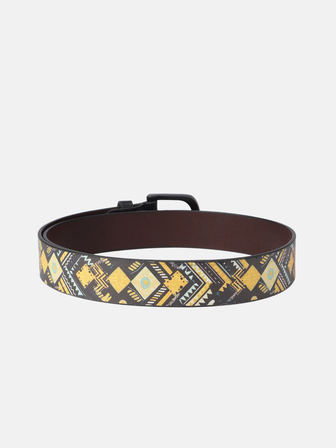 Unisex Genuine Leather Tribal Geometric Yellow Black Waist Accessory Matte Buckle