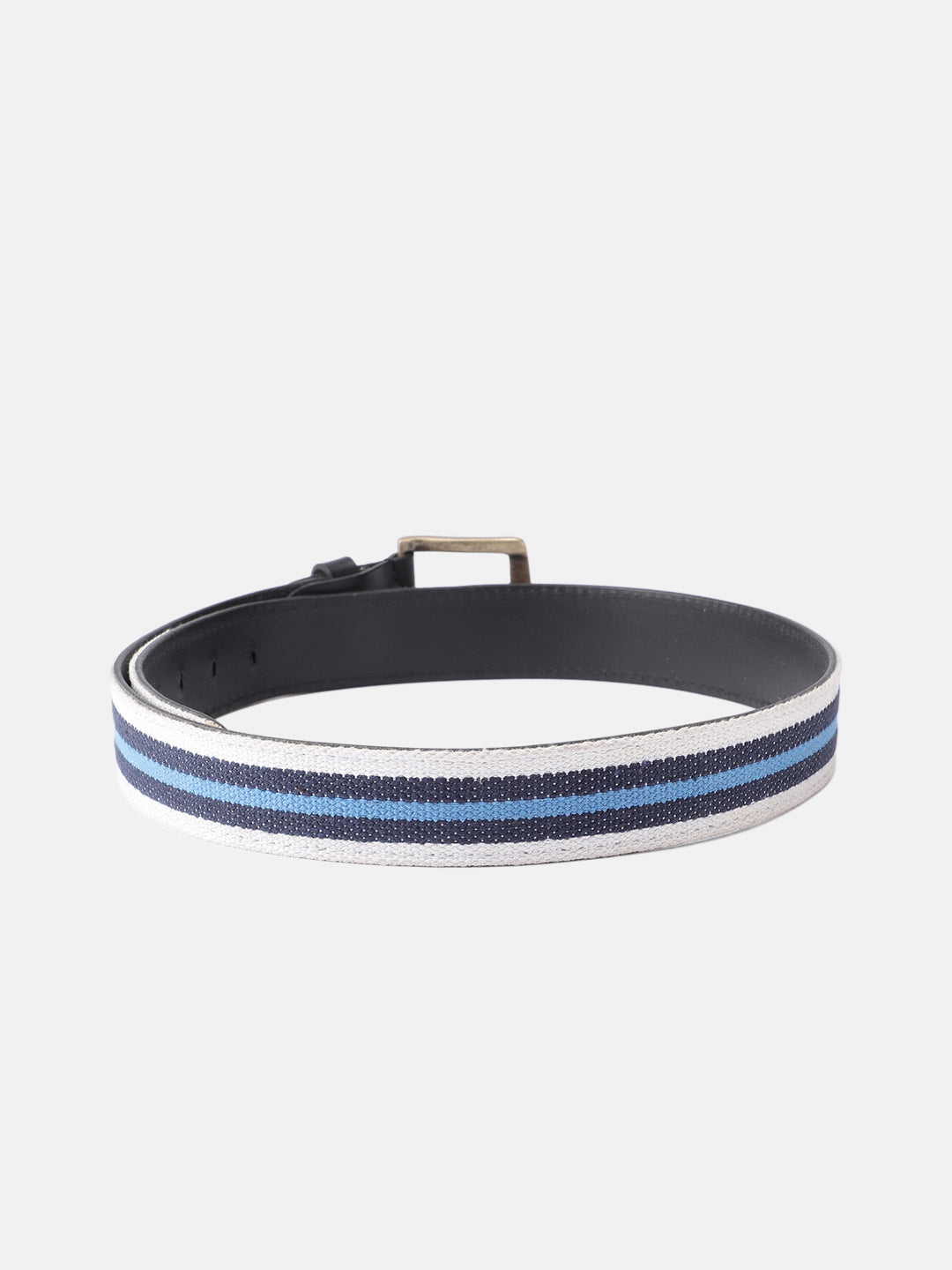 Unisex Genuine Leather Canvas Blue White Striped Waist Accessory Brass Buckle Casual