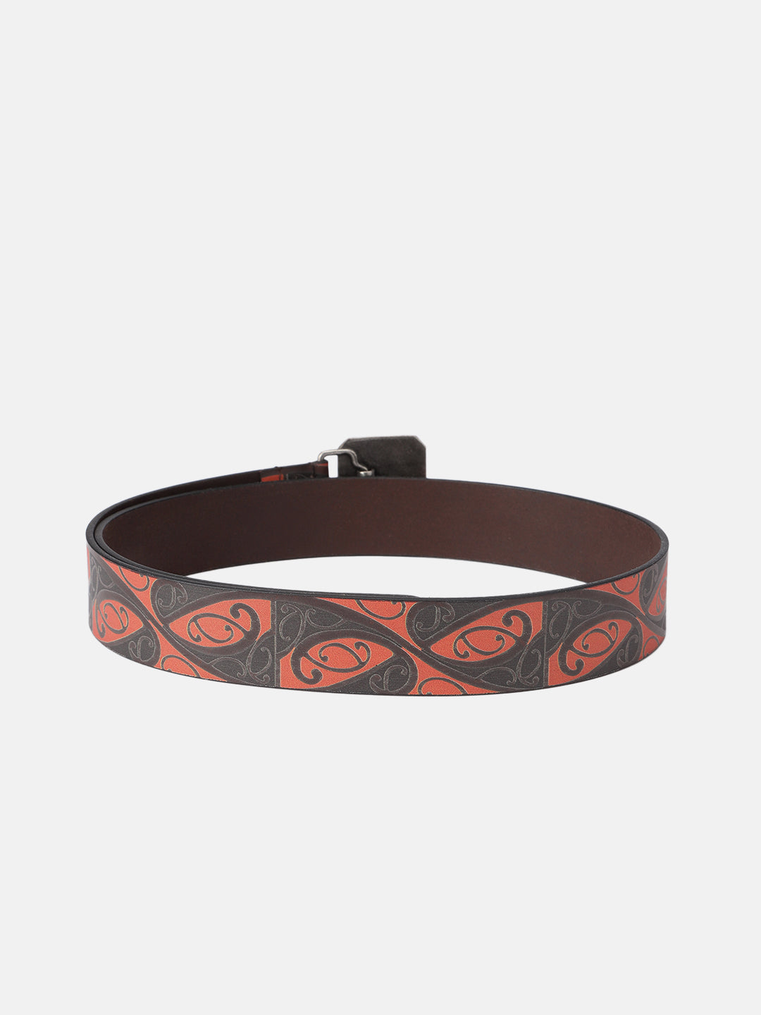 Men Genuine Leather Red Black Tribal Scroll Waist Belt with Antique Emblem Buckle