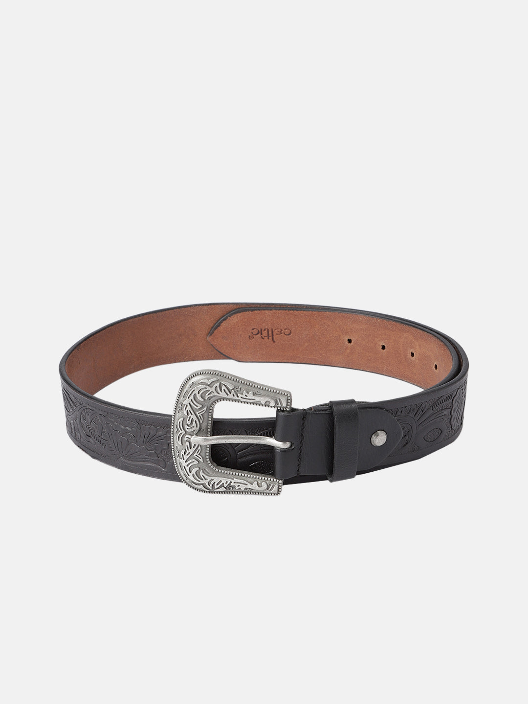Unisex Genuine Leather Embossed Black Western Waist Accessory Silver Buckle