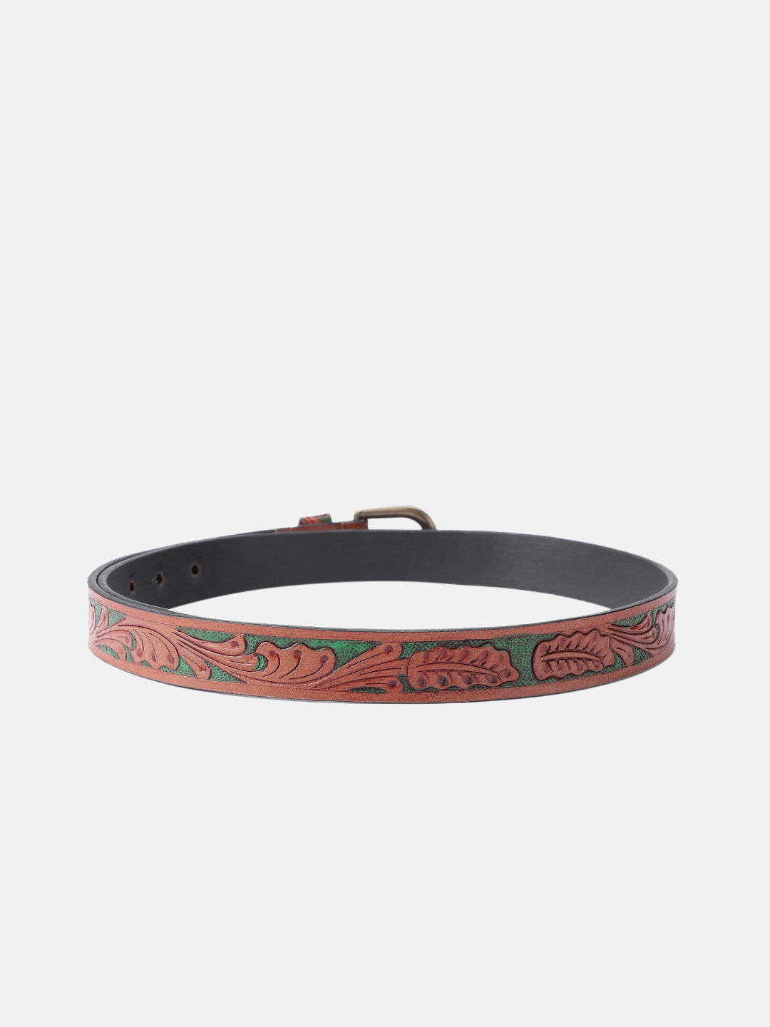 Woman Handcrafted Brown Leather Belt With Leaf Tooling And Polished Silver Buckle. LB-857