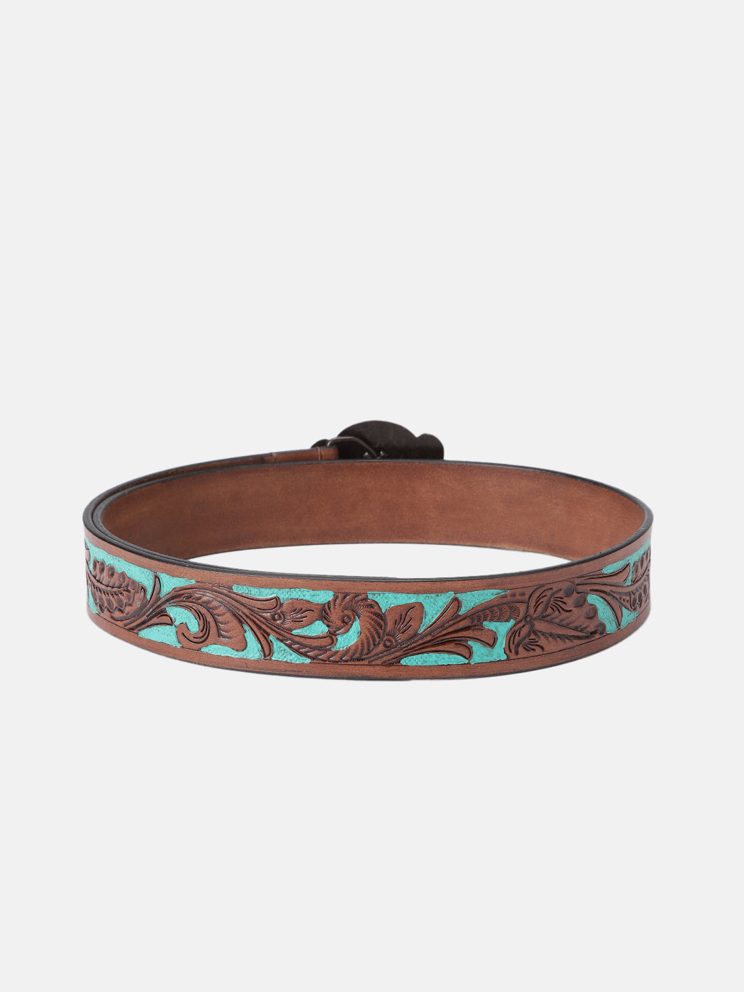 Genuine Leather Embossed Floral Brown Teal Western Waist Accessory Antique Buckle