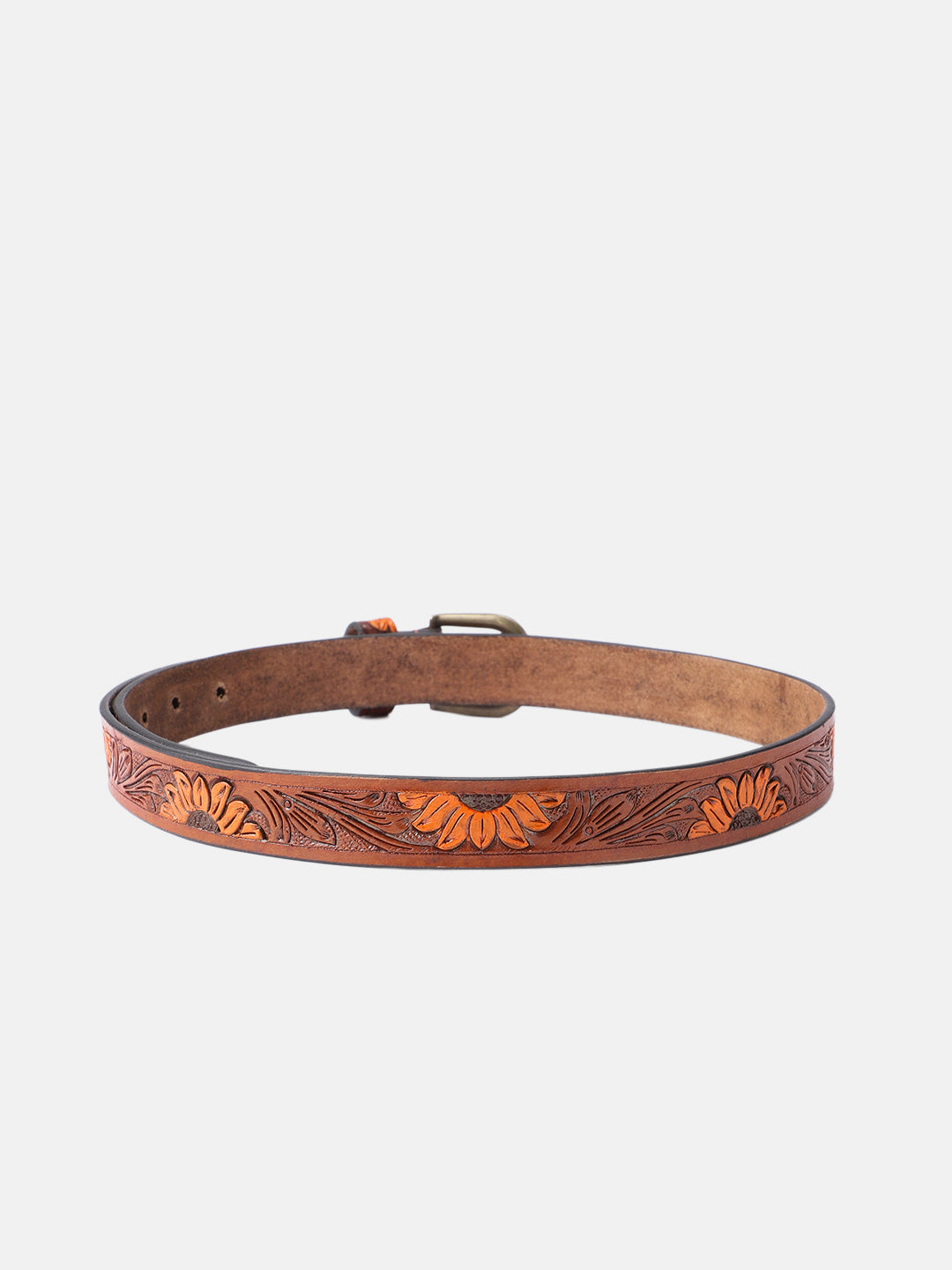 Genuine Leather Embossed Brown Orange Sunflower Western Waist Accessory Brass Buckle