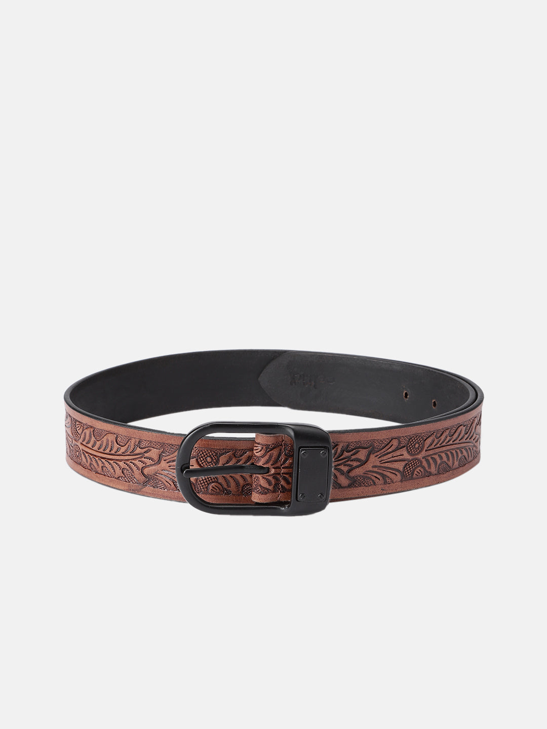 Premium Genuine Leather Embossed Brown Western Waist Accessory Matte Black Buckle