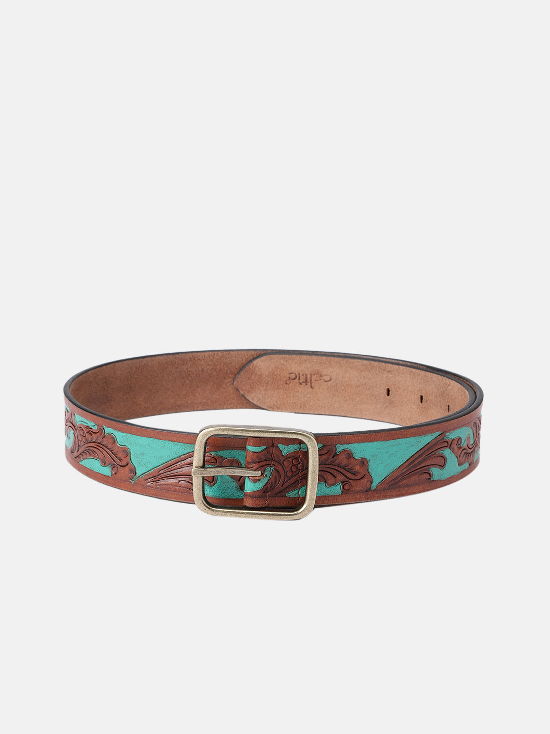 Genuine Leather Embossed Floral Brown Teal Waist Accessory Antique Metal Buckle