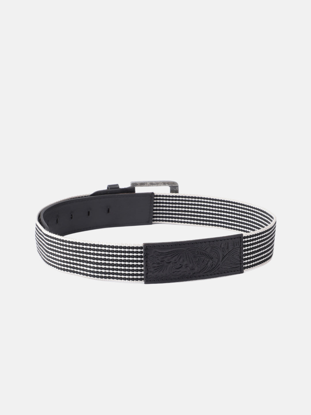 Unisex Genuine Leather Floral Embossed Canvas Black White Waist Accessory Brass Buckle
