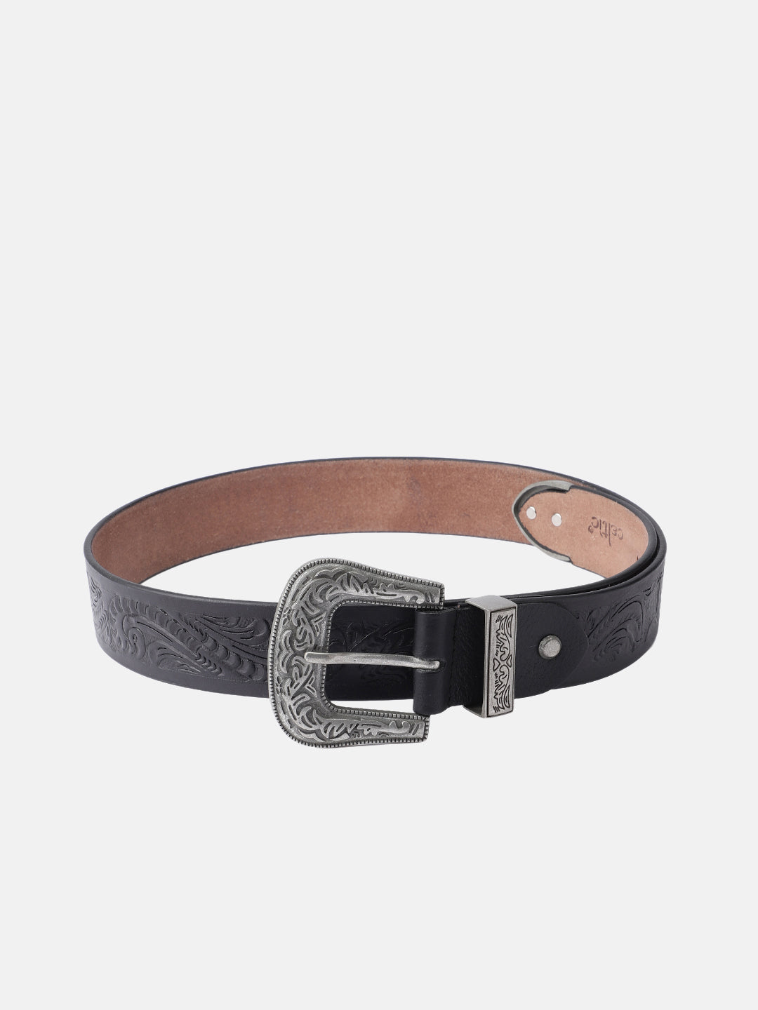 Men Genuine Leather Embossed Black Western Waist Accessory Ornate Buckle Tip
