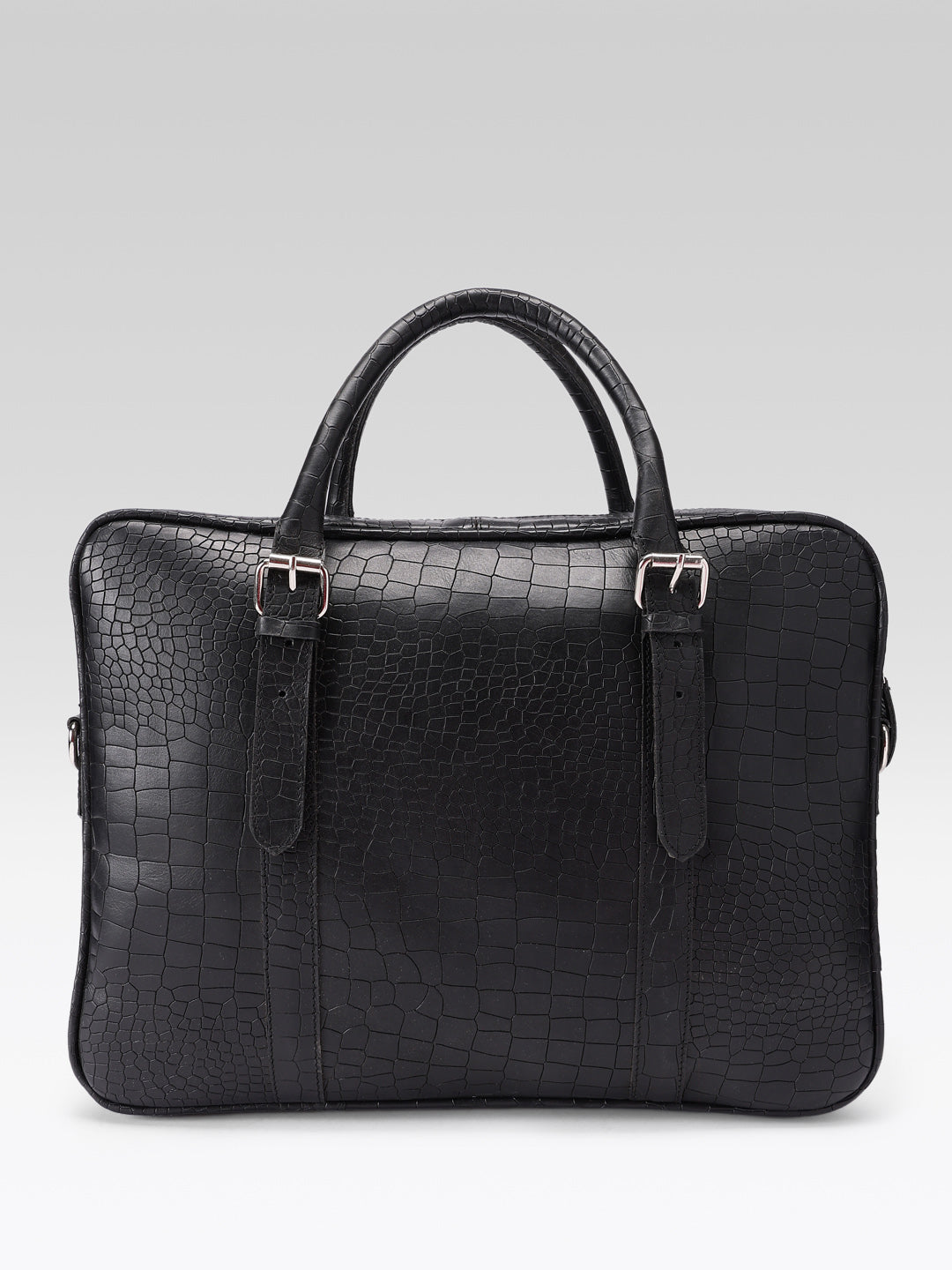 Premium Croc-Textured Black Leather Office Laptop Bag with Adjustable Shoulder Strap
