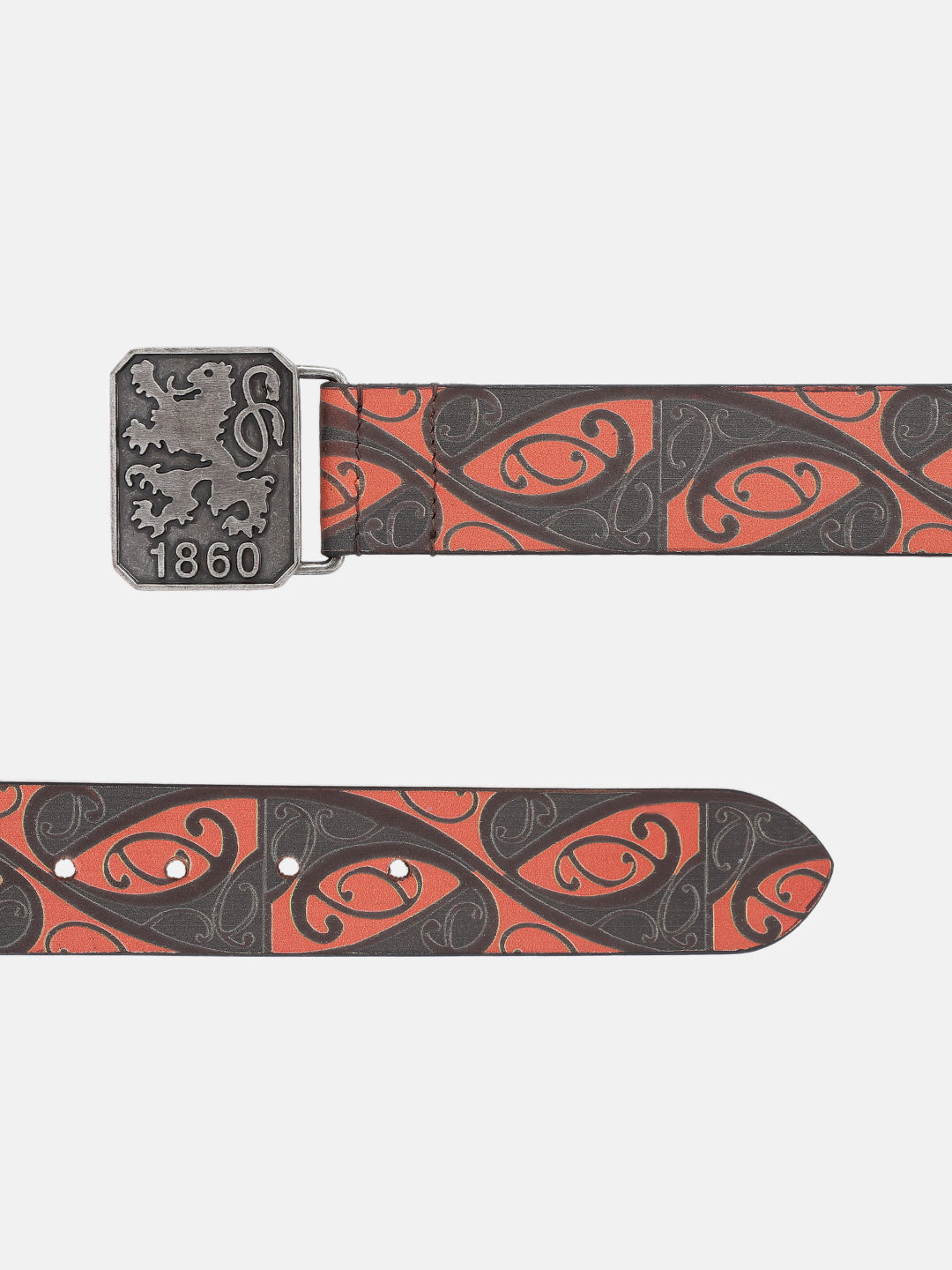Men Genuine Leather Red Black Tribal Scroll Waist Belt with Antique Emblem Buckle