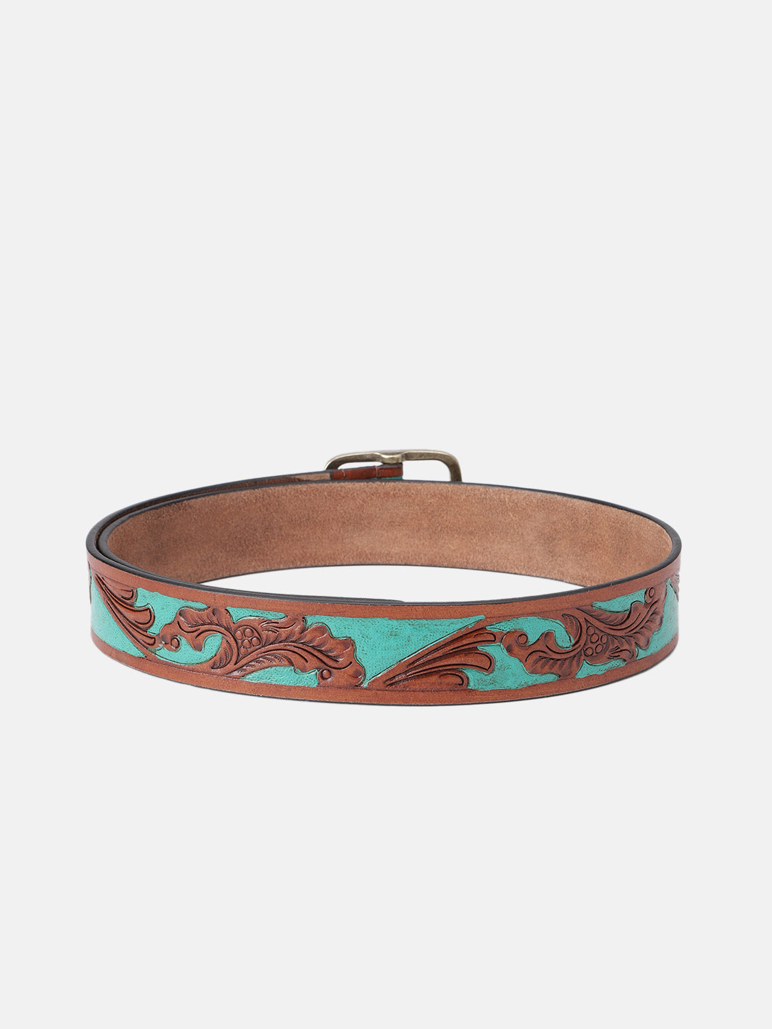 Genuine Leather Embossed Floral Brown Teal Waist Accessory Antique Metal Buckle