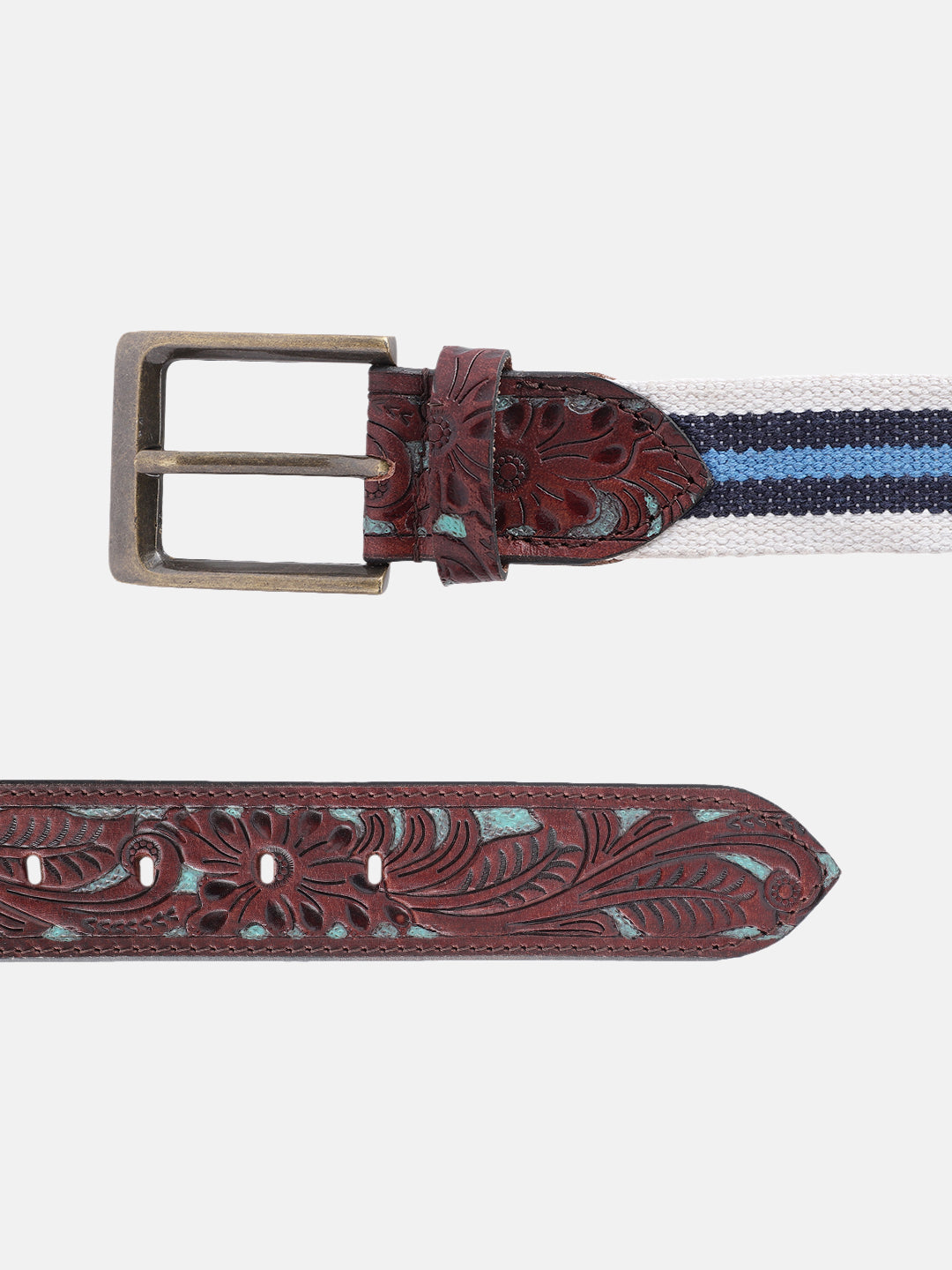 Unisex Genuine Leather Floral Embossed Canvas Blue White Waist Accessory Brass Buckle .LB-834