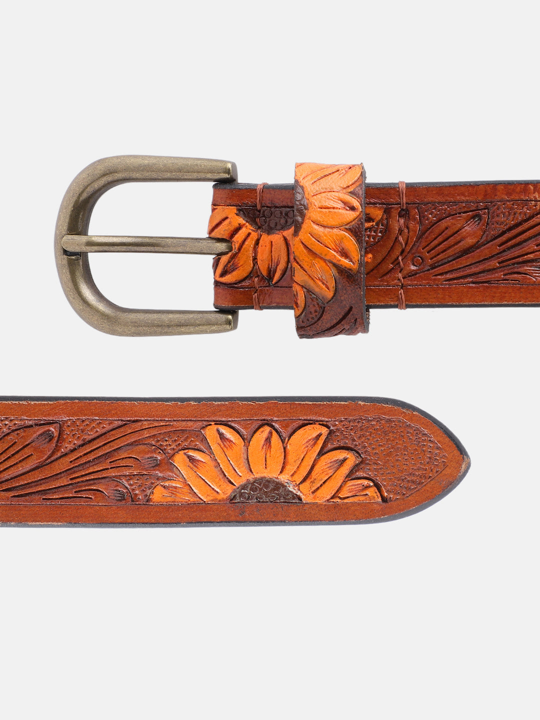 Genuine Leather Embossed Brown Orange Sunflower Western Waist Accessory Brass Buckle