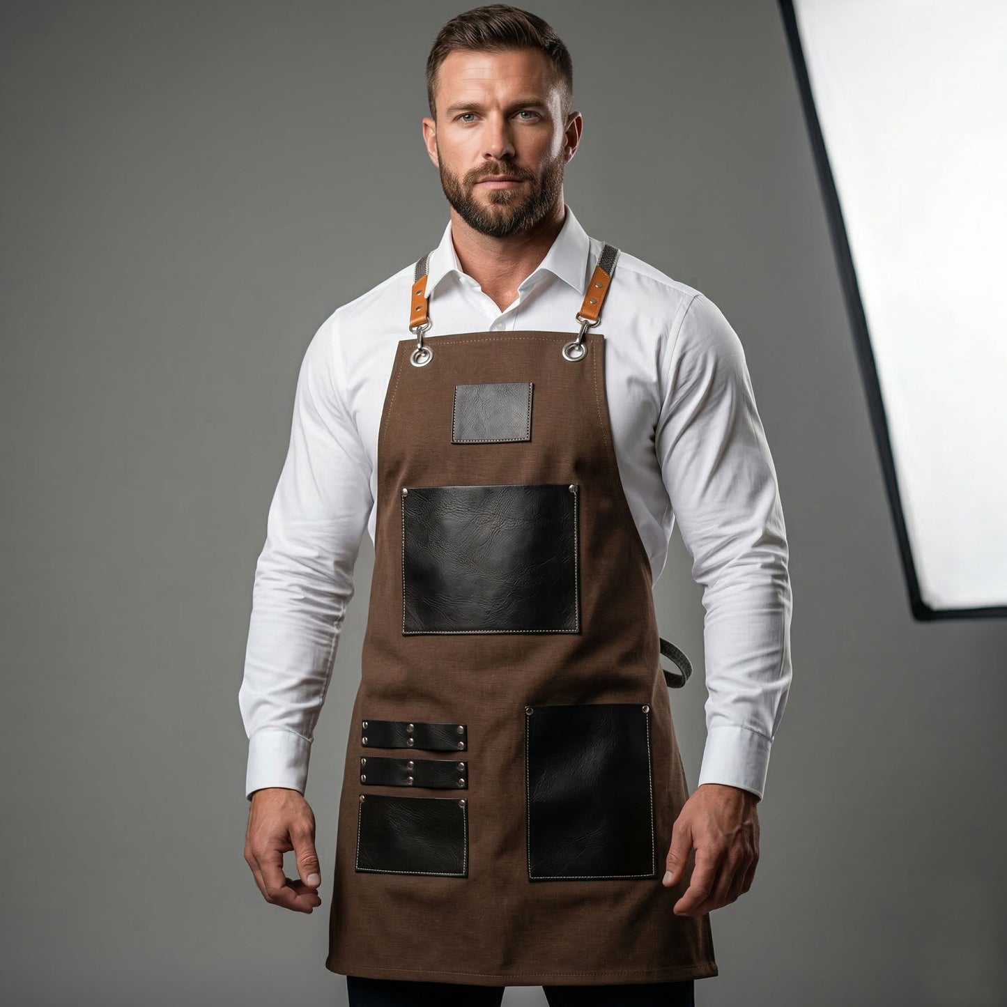Premium Genuine Leather & Canvas Bib Apron – Brown & With Tie Strap