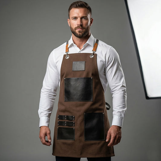 Premium Genuine Leather & Canvas Bib Apron – Brown & With Tie Strap