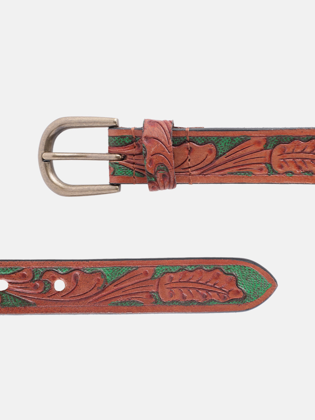 Woman Handcrafted Brown Leather Belt With Leaf Tooling And Polished Silver Buckle. LB-857
