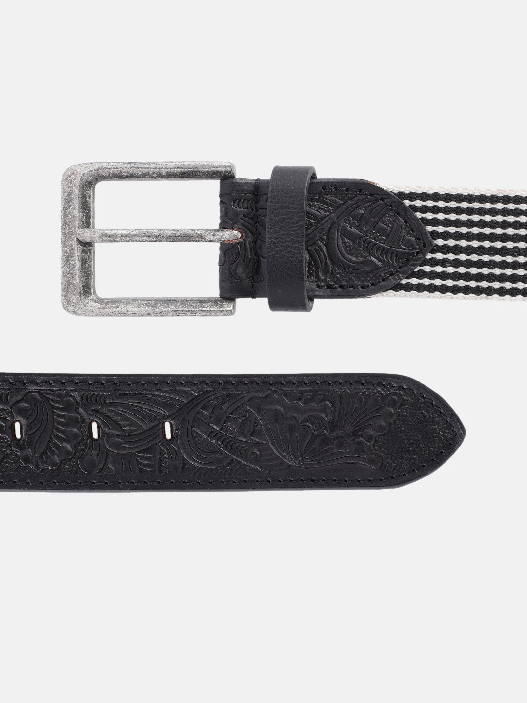 Unisex Genuine Leather Floral Embossed Canvas Black White Waist Accessory Brass Buckle
