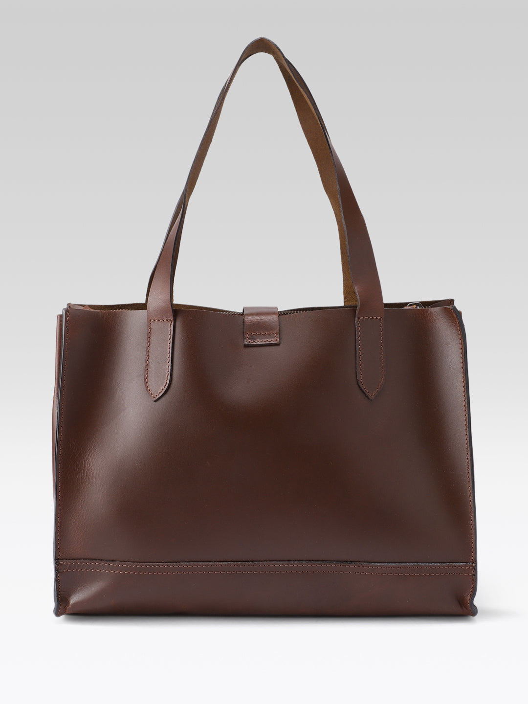 Premium Genuine Leather Structured Shopper Tote with Dual Compartments & Snap Closure