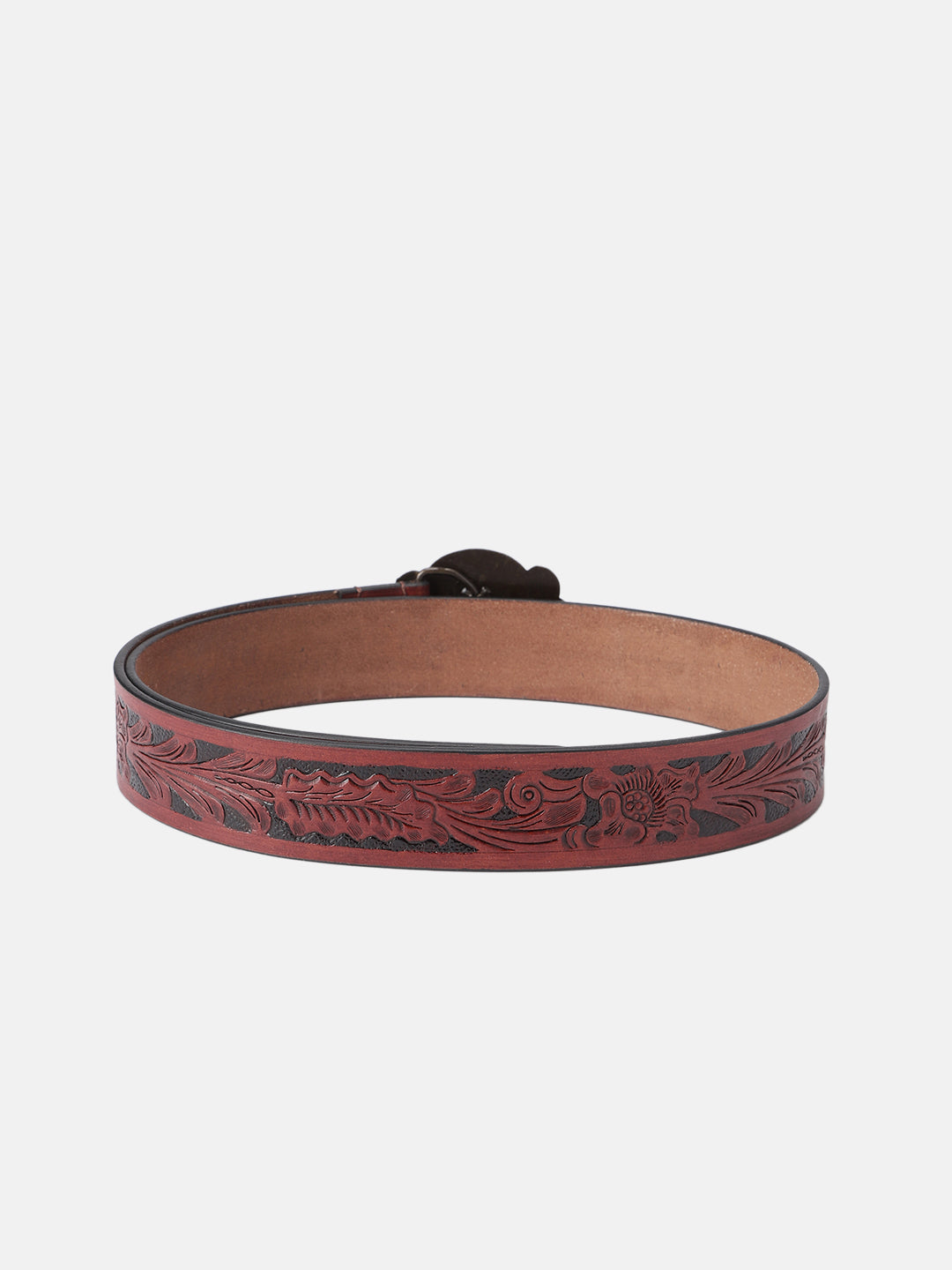 Men Genuine Leather Embossed Floral Brown Western Waist Accessory Antique Buckle