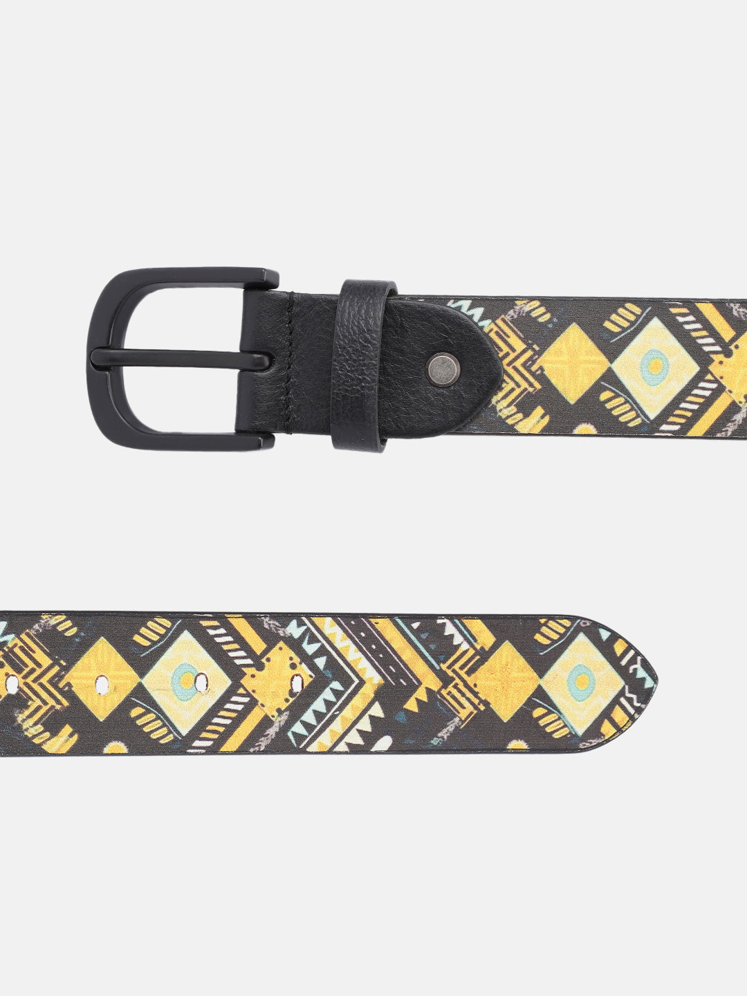 Unisex Genuine Leather Tribal Geometric Yellow Black Waist Accessory Matte Buckle