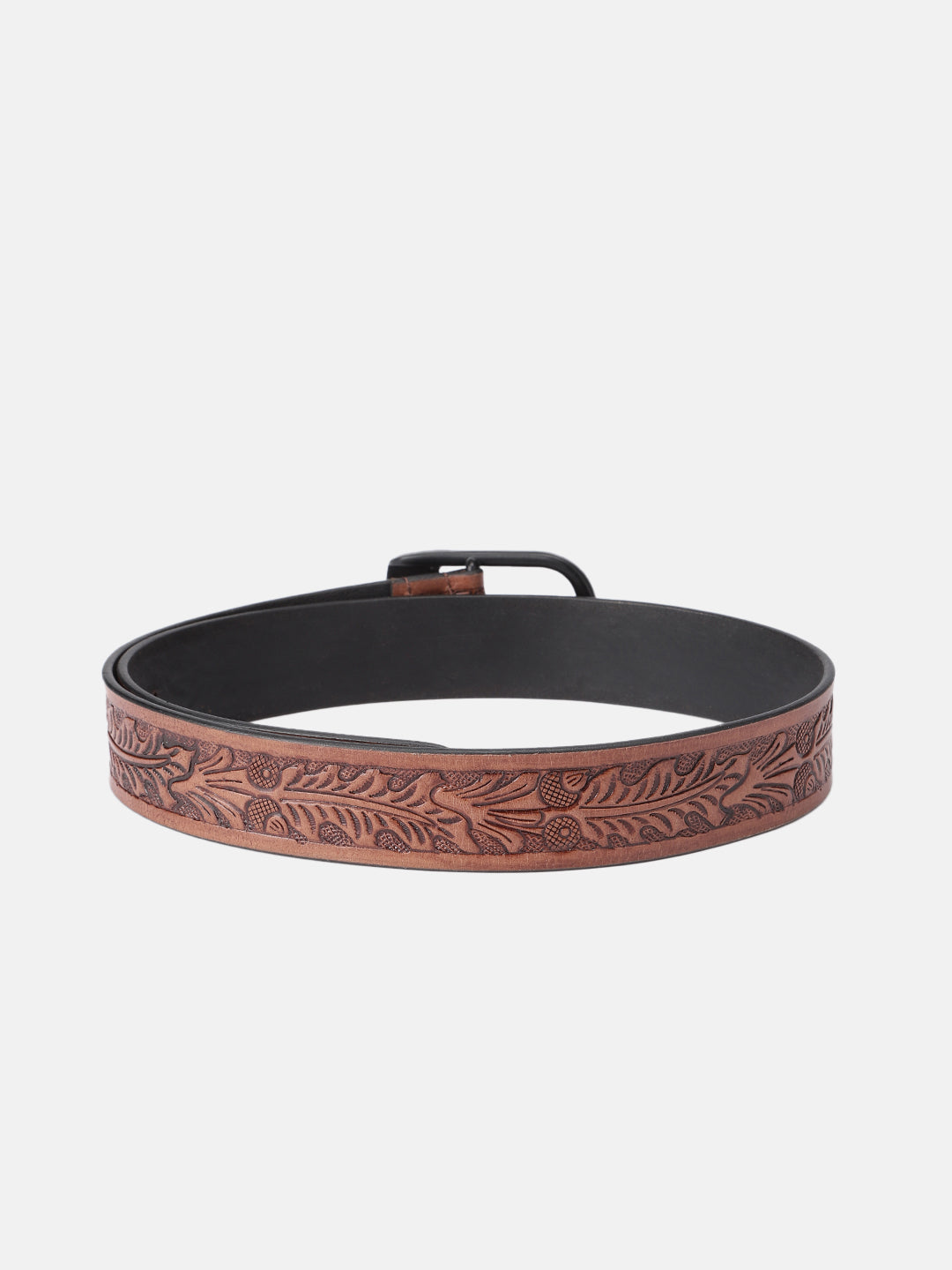 Premium Genuine Leather Embossed Brown Western Waist Accessory Matte Black Buckle