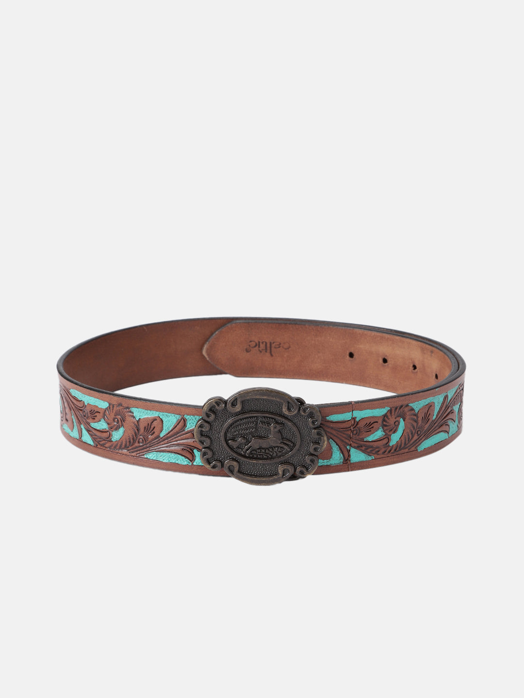 Genuine Leather Embossed Floral Brown Teal Western Waist Accessory Antique Buckle