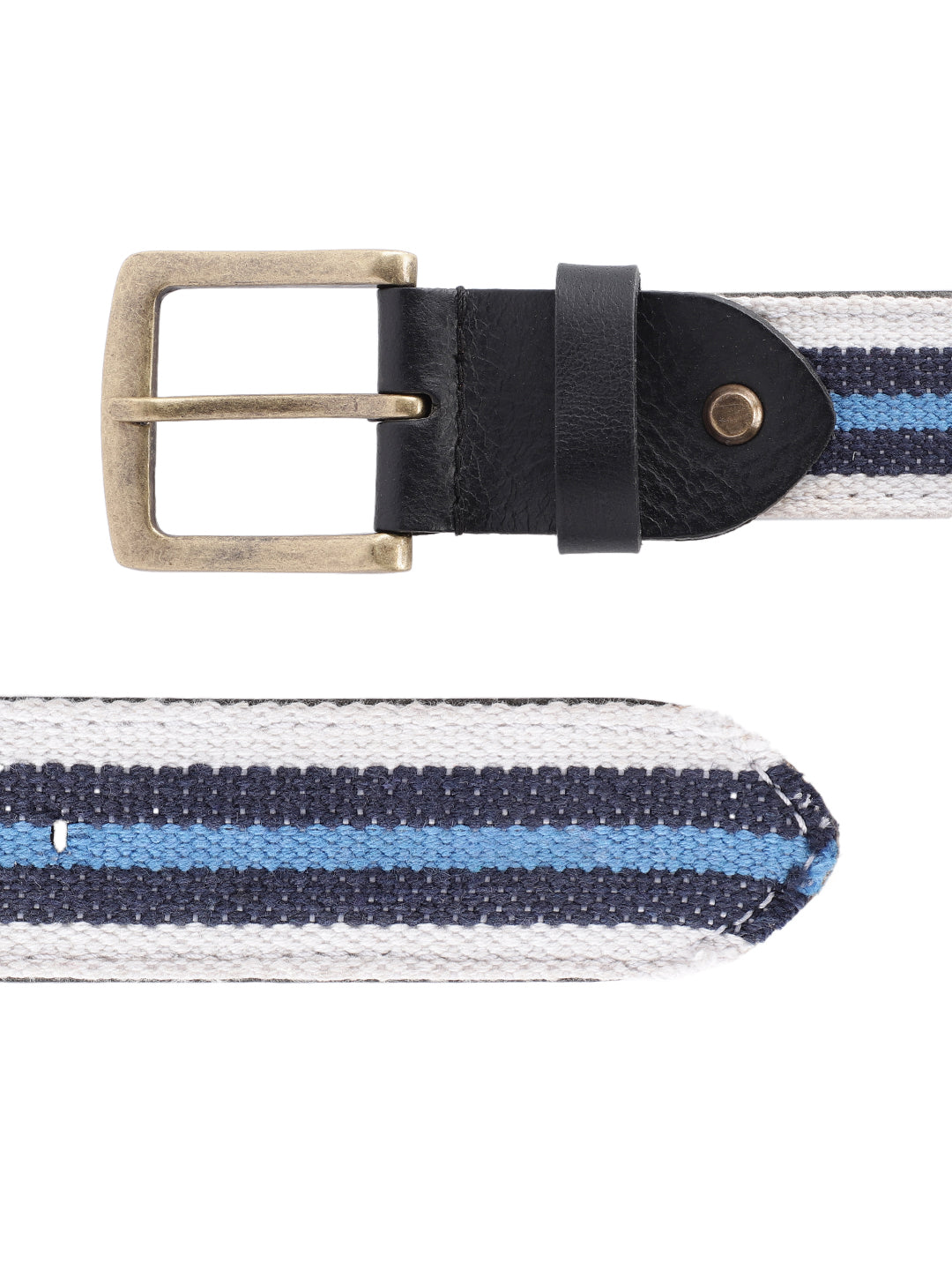 Unisex Genuine Leather Canvas Blue White Striped Waist Accessory Brass Buckle Casual