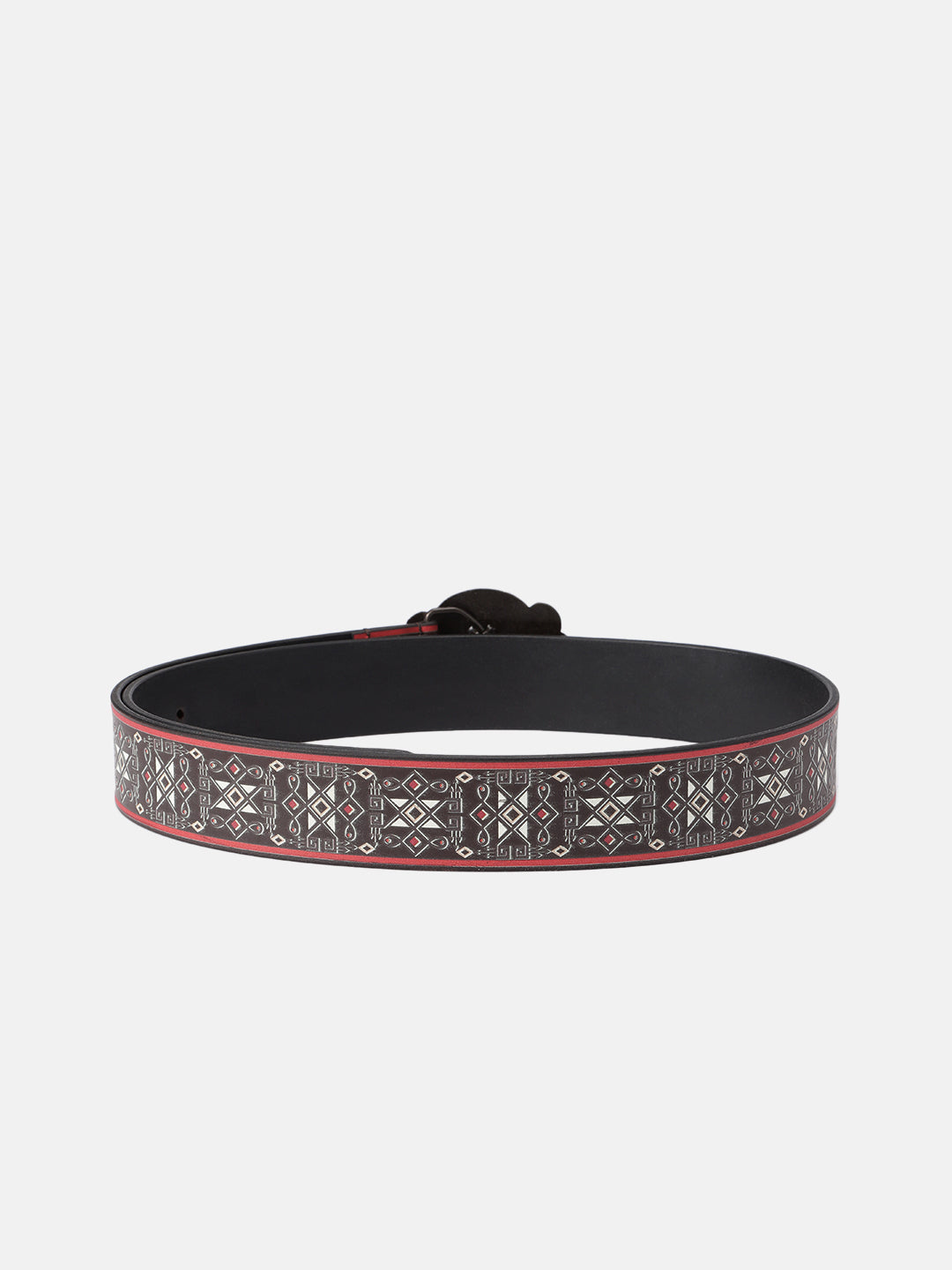 Unisex Genuine Leather Geometric Tribal Black Red Waist Belt Antique Buckle