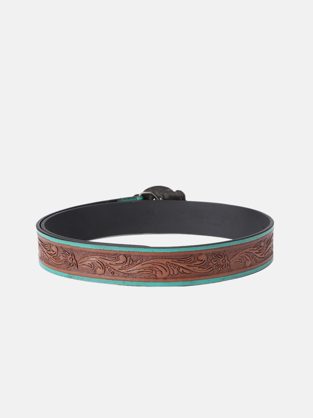 Premium Genuine Leather Embossed Floral Brown Teal Western Waist Accessory Antique Buckle