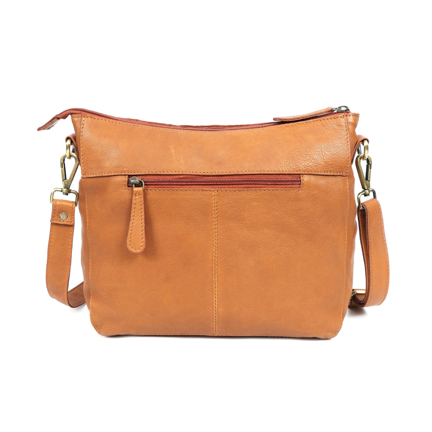 Premium Tan Leather Crossbody Messenger Bag with Multiple Zip Pockets & Adjustable Strap