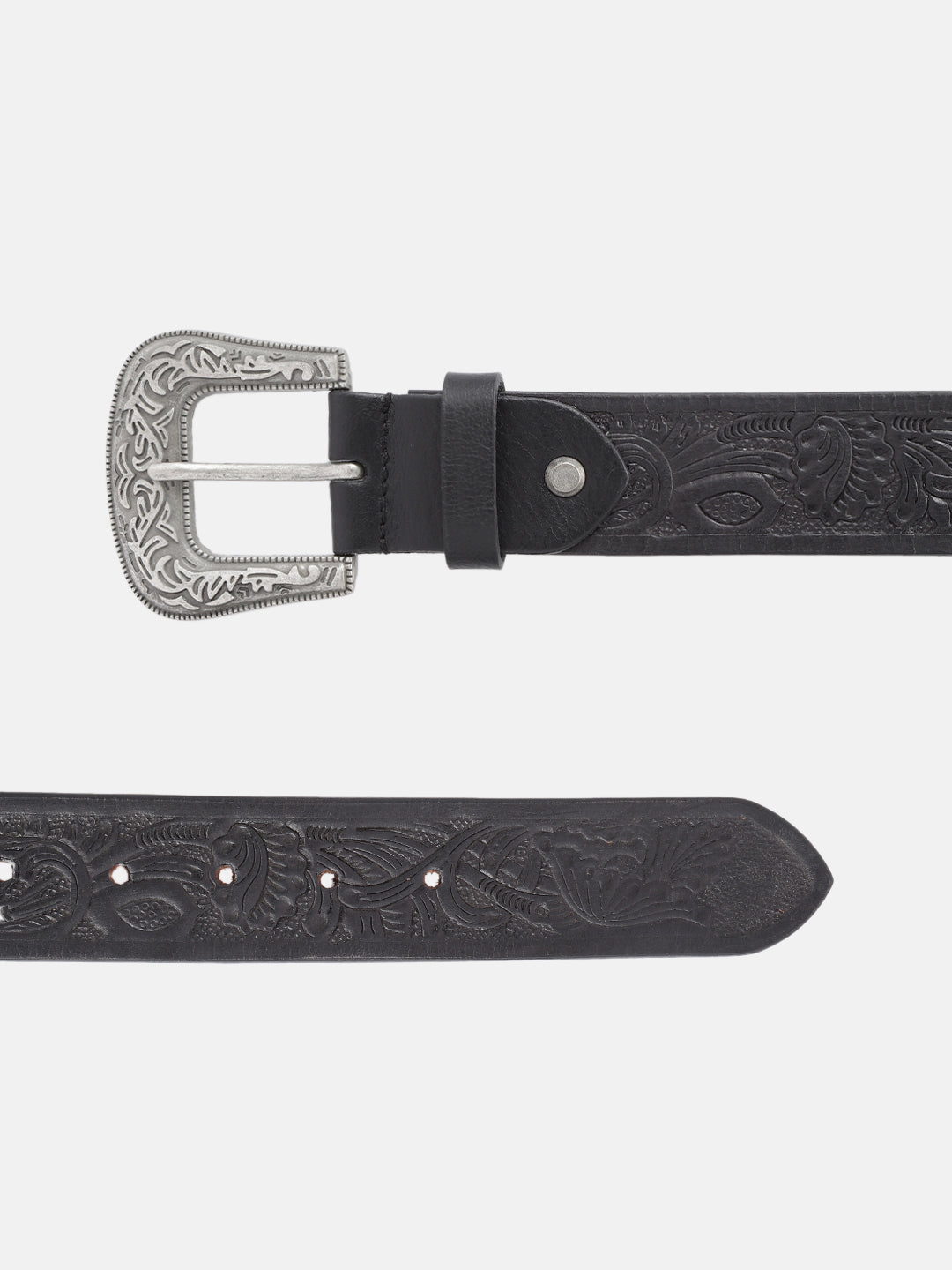 Unisex Genuine Leather Embossed Black Western Waist Accessory Silver Buckle