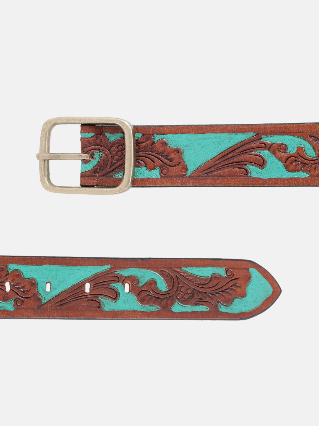 Genuine Leather Embossed Floral Brown Teal Waist Accessory Antique Metal Buckle