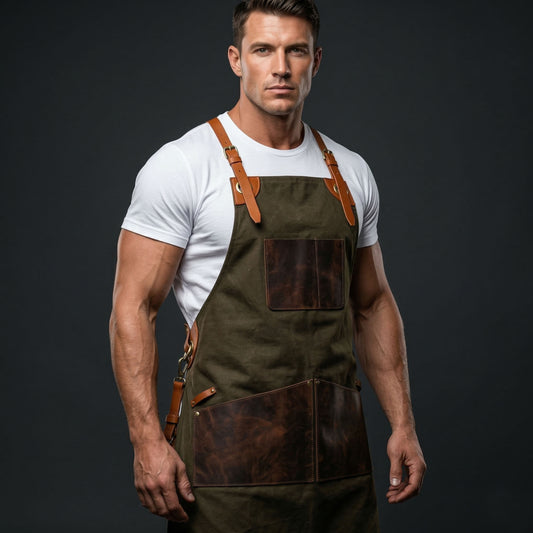 Premium Genuine Leather & Canvas Bib Apron – Brown & Green Buckle Design