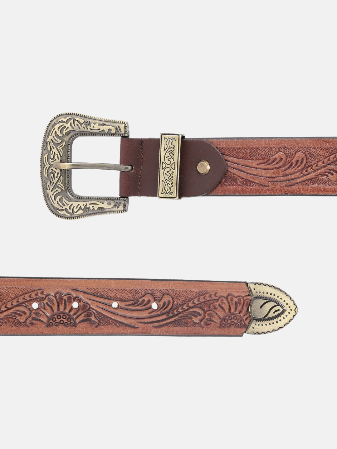 Genuine Leather Embossed Western Waist Accessory Ornate Buckle Tip