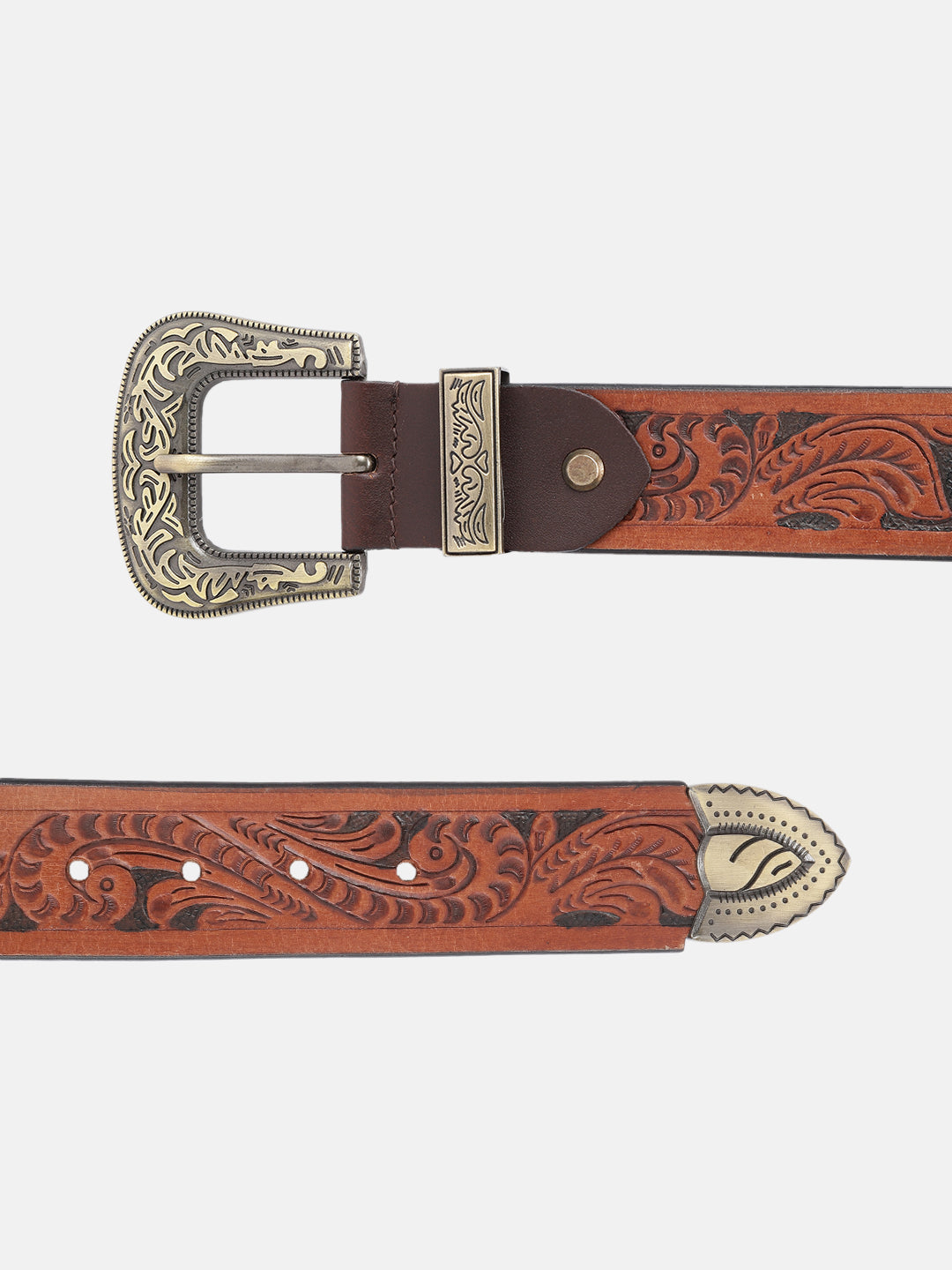 Men Genuine Leather Embossed Black Western Waist Accessory Ornate Buckle Tip