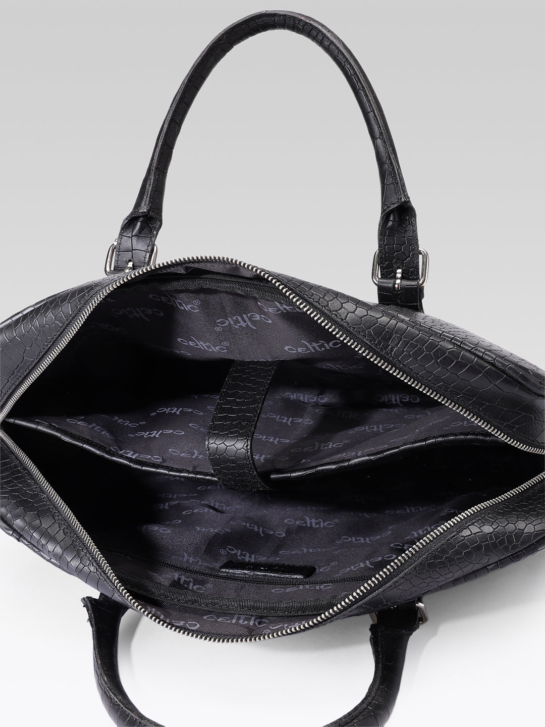 Premium Croc-Textured Black Leather Office Laptop Bag with Adjustable Shoulder Strap
