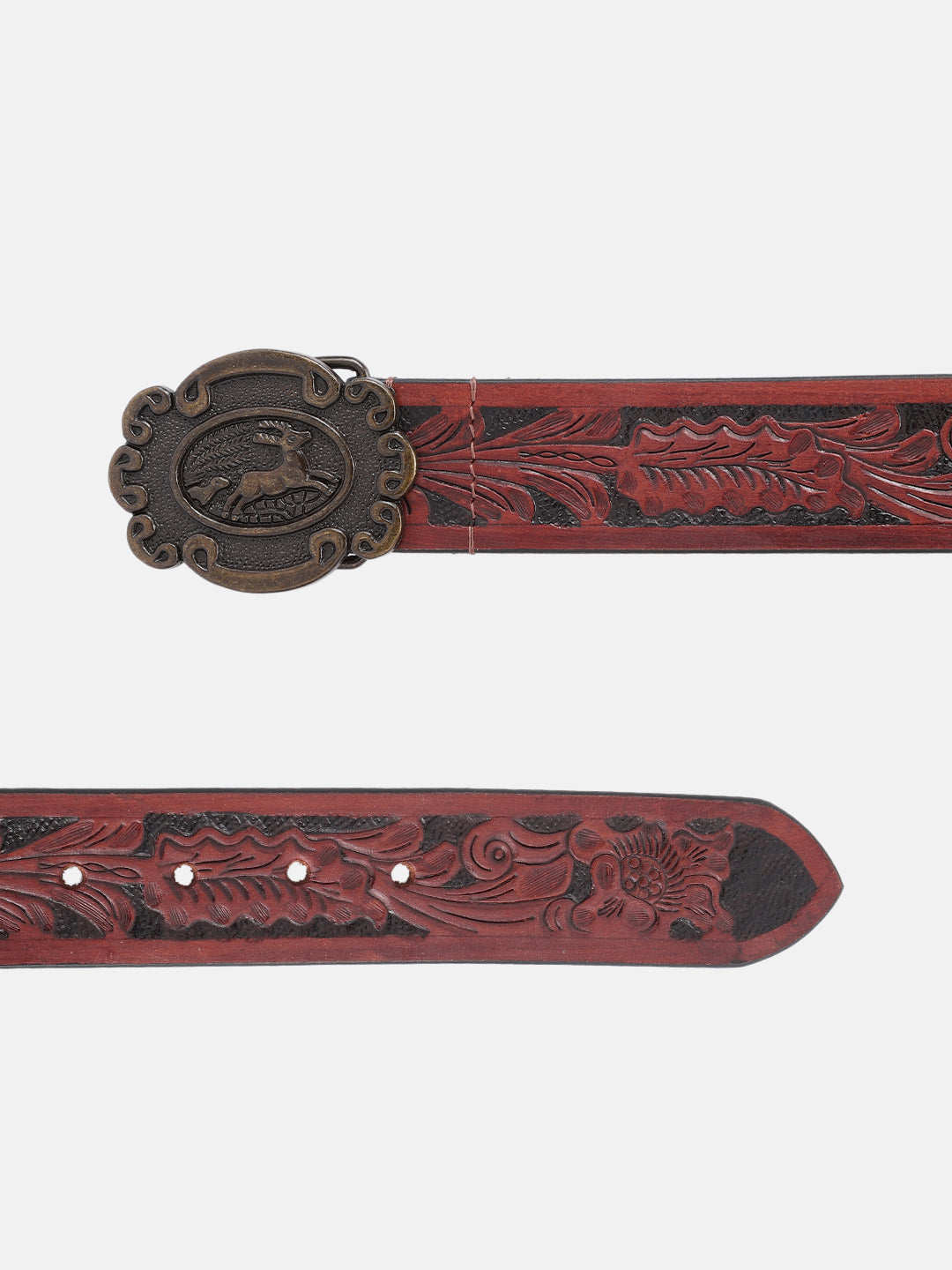 Men Genuine Leather Embossed Floral Brown Western Waist Accessory Antique Buckle