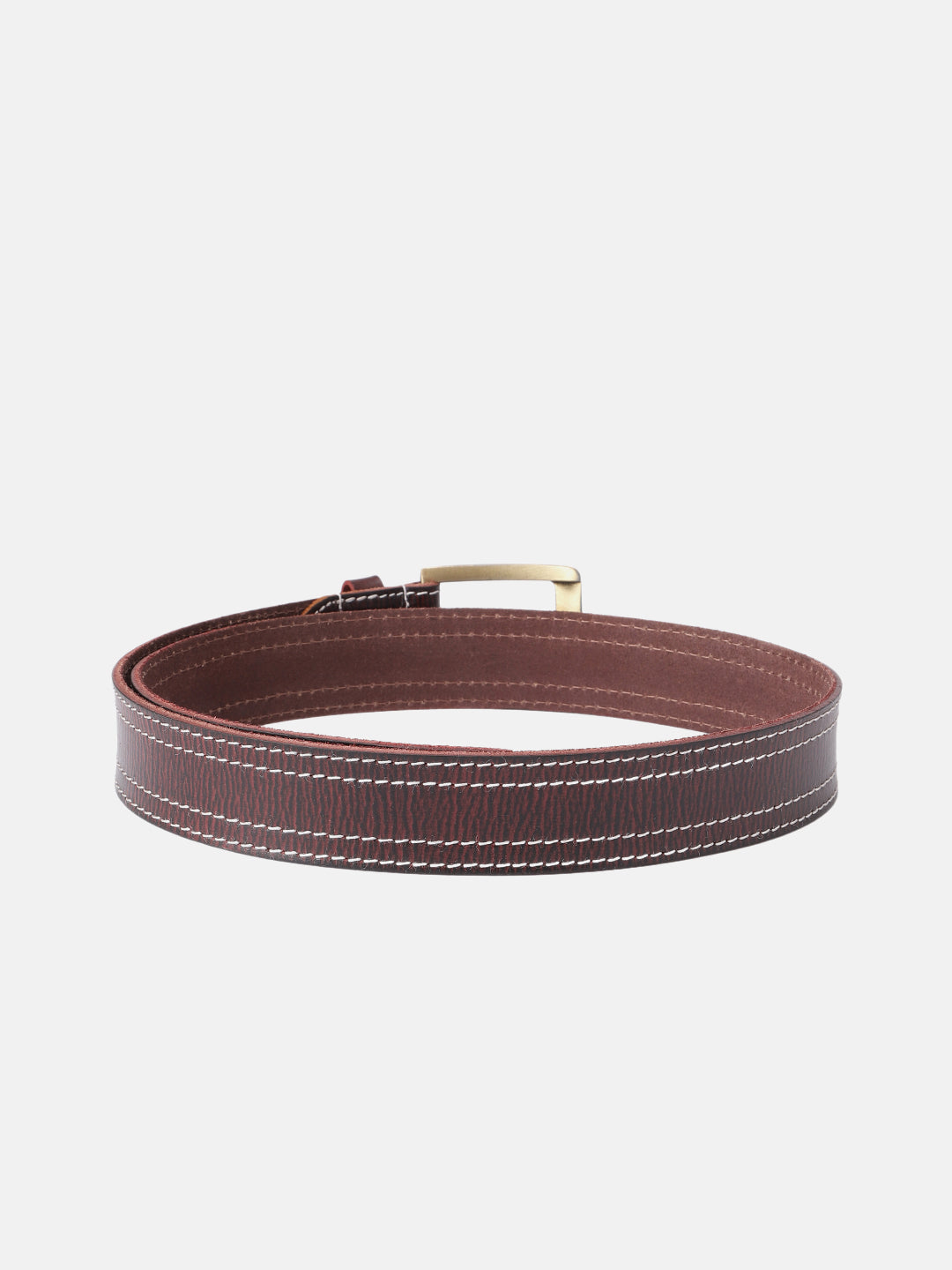 Unisex Genuine Leather Maroon Belt With Contrast Stitching and Brass Buckle