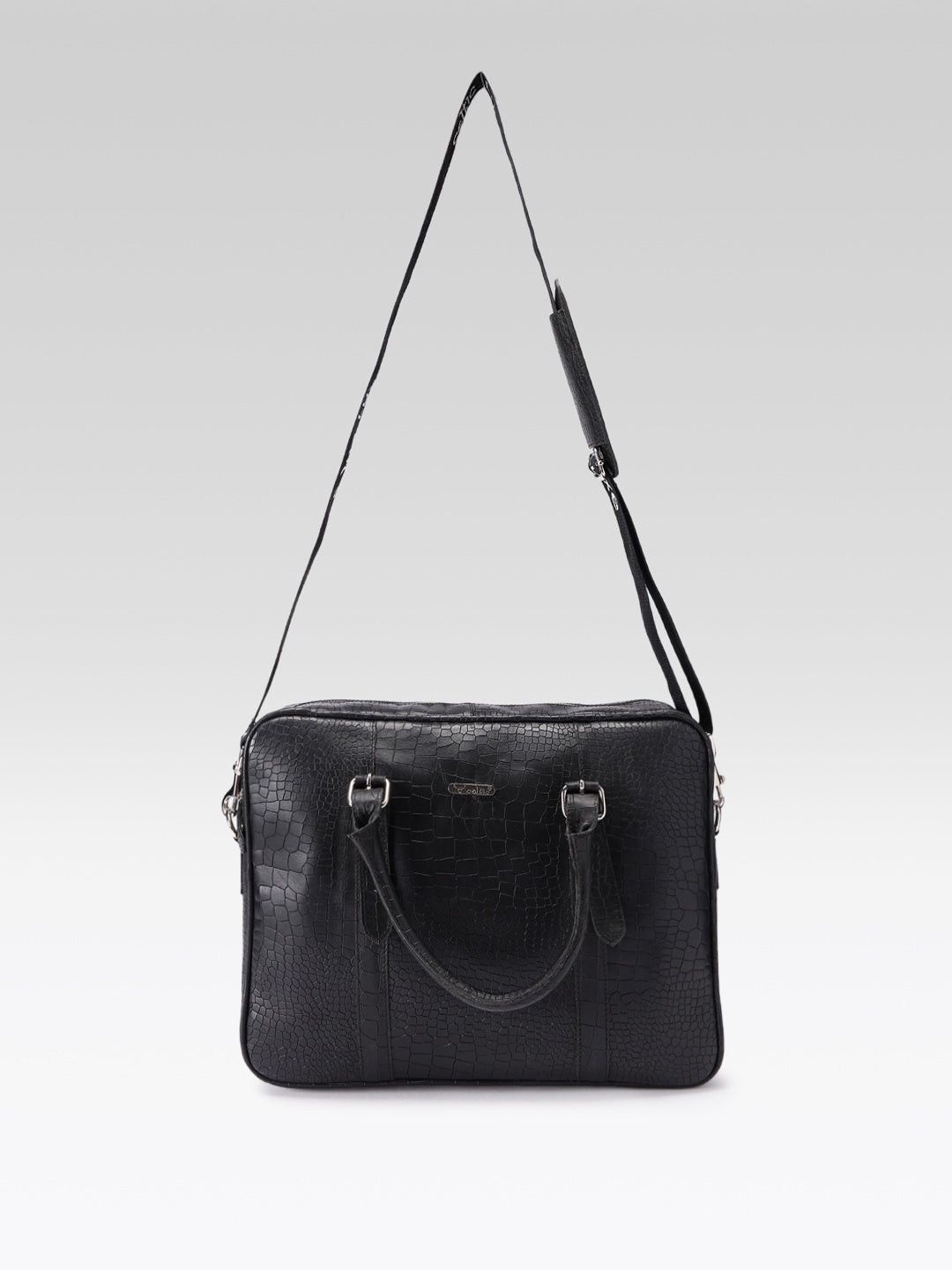 Premium Croc-Textured Black Leather Office Laptop Bag with Adjustable Shoulder Strap