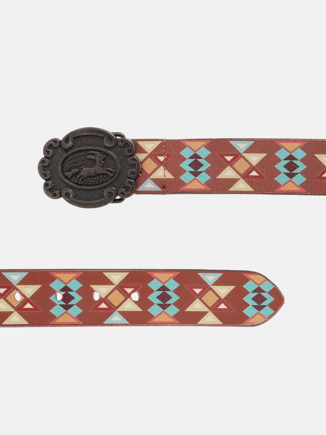 Unisex Aztec Pattern Leather Belt With Antique Buckle Handmade Ethnic Style Accessory.