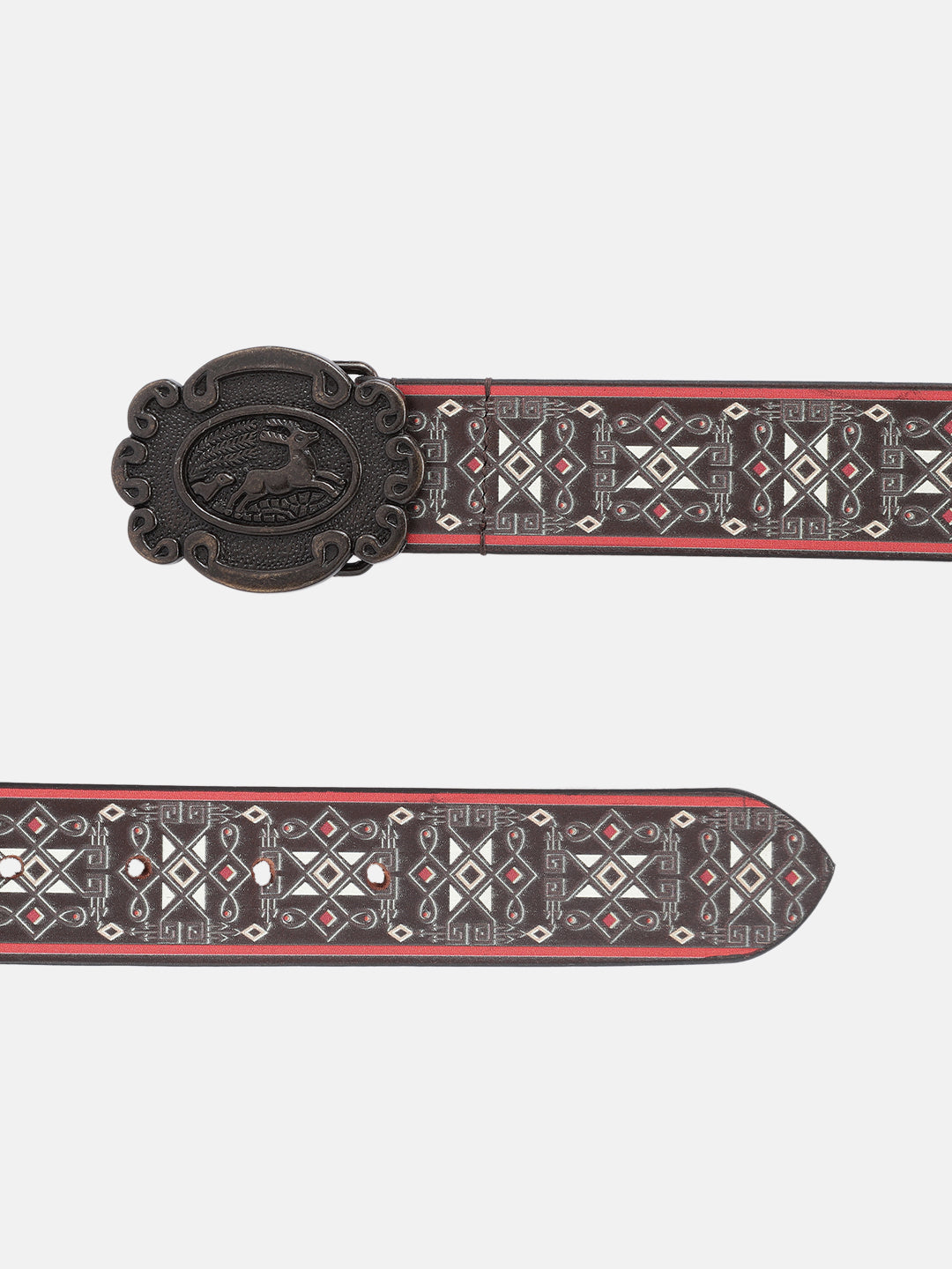 Unisex Genuine Leather Geometric Tribal Black Red Waist Belt Antique Buckle