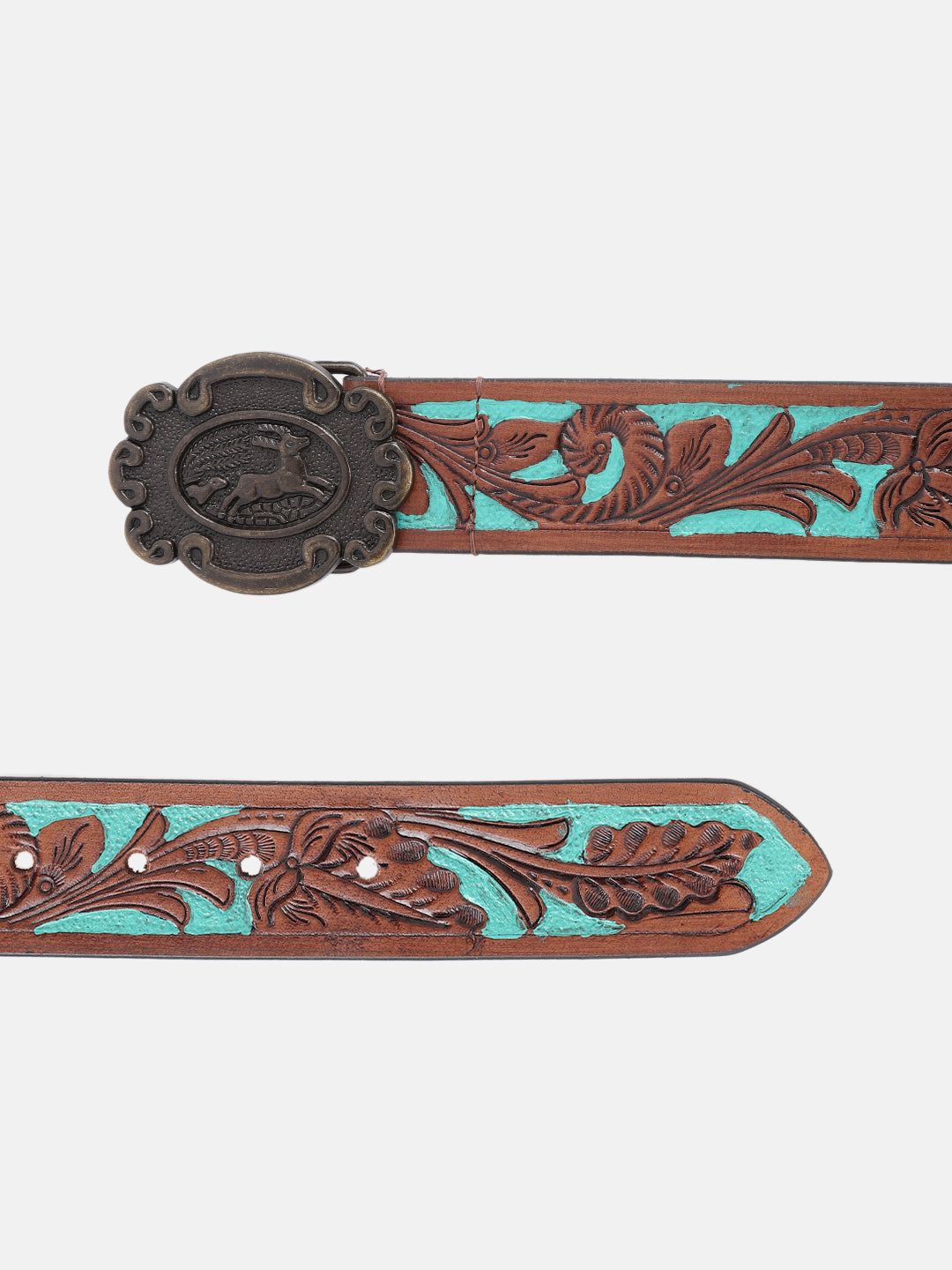 Genuine Leather Embossed Floral Brown Teal Western Waist Accessory Antique Buckle