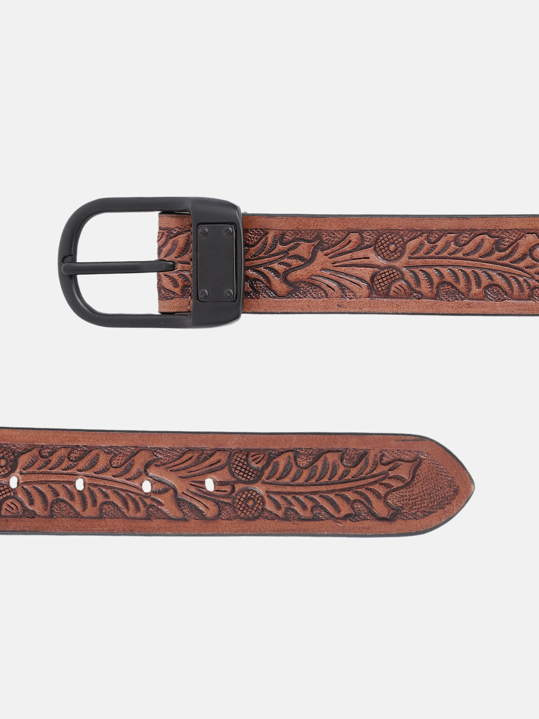 Premium Genuine Leather Embossed Brown Western Waist Accessory Matte Black Buckle
